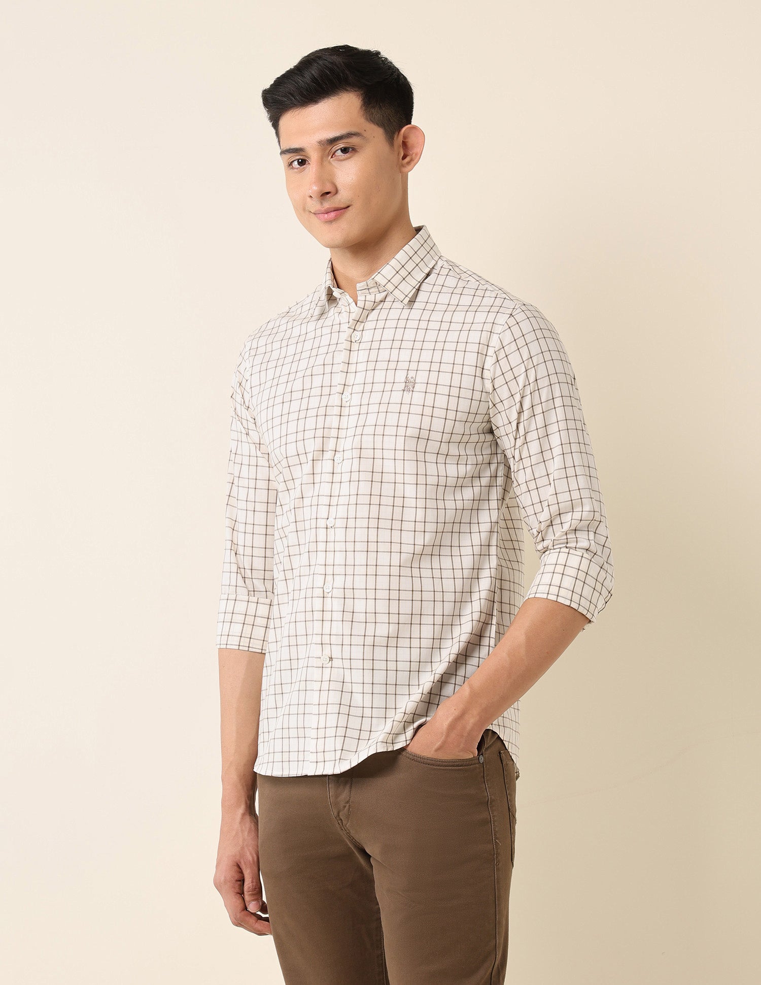 Tailored Fit Graph Checked Shirt Beige - U.S. Polo Assn. India | Large