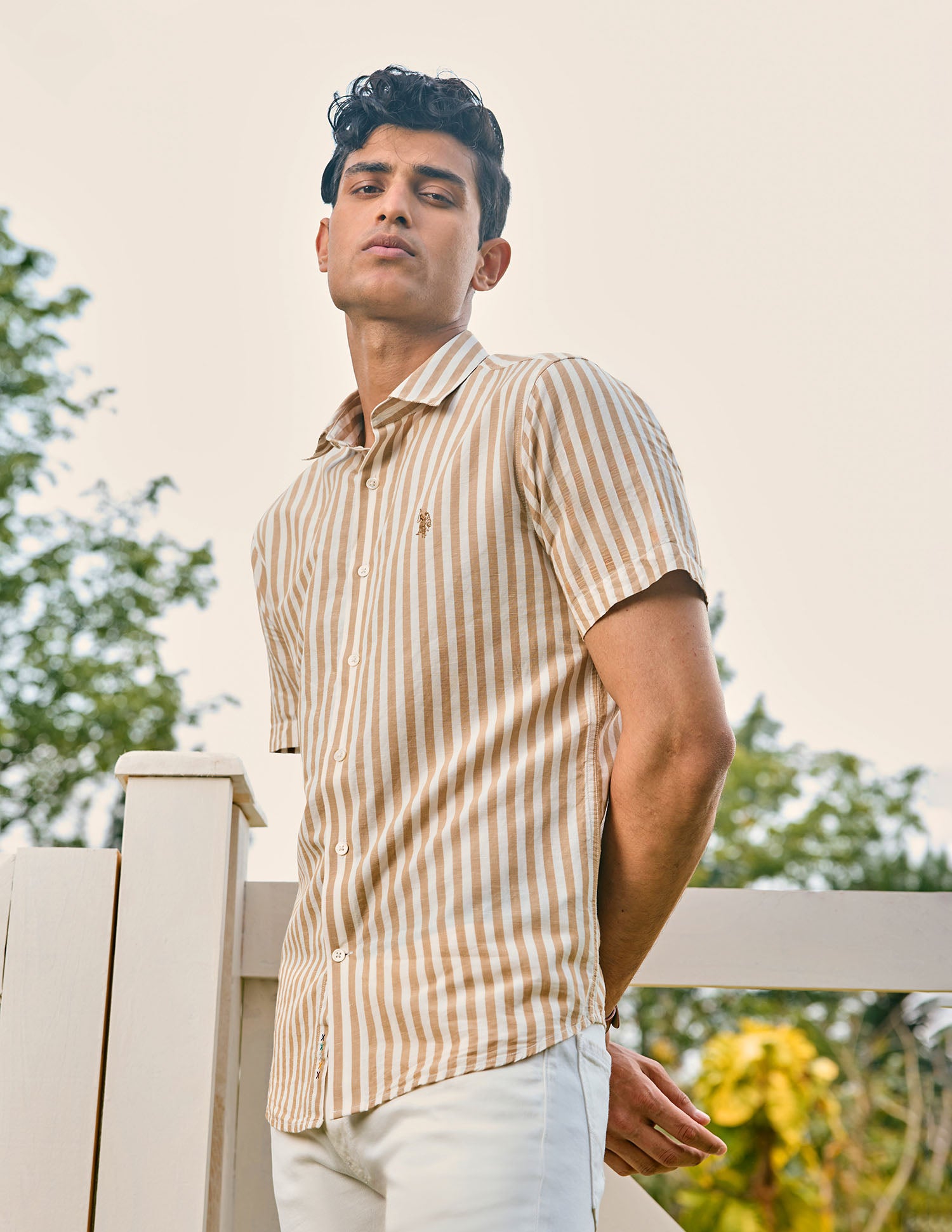Pacho X Vertical Stripe Cotton Linen Shirt Beige - U.S. POLO ASSN. | Large