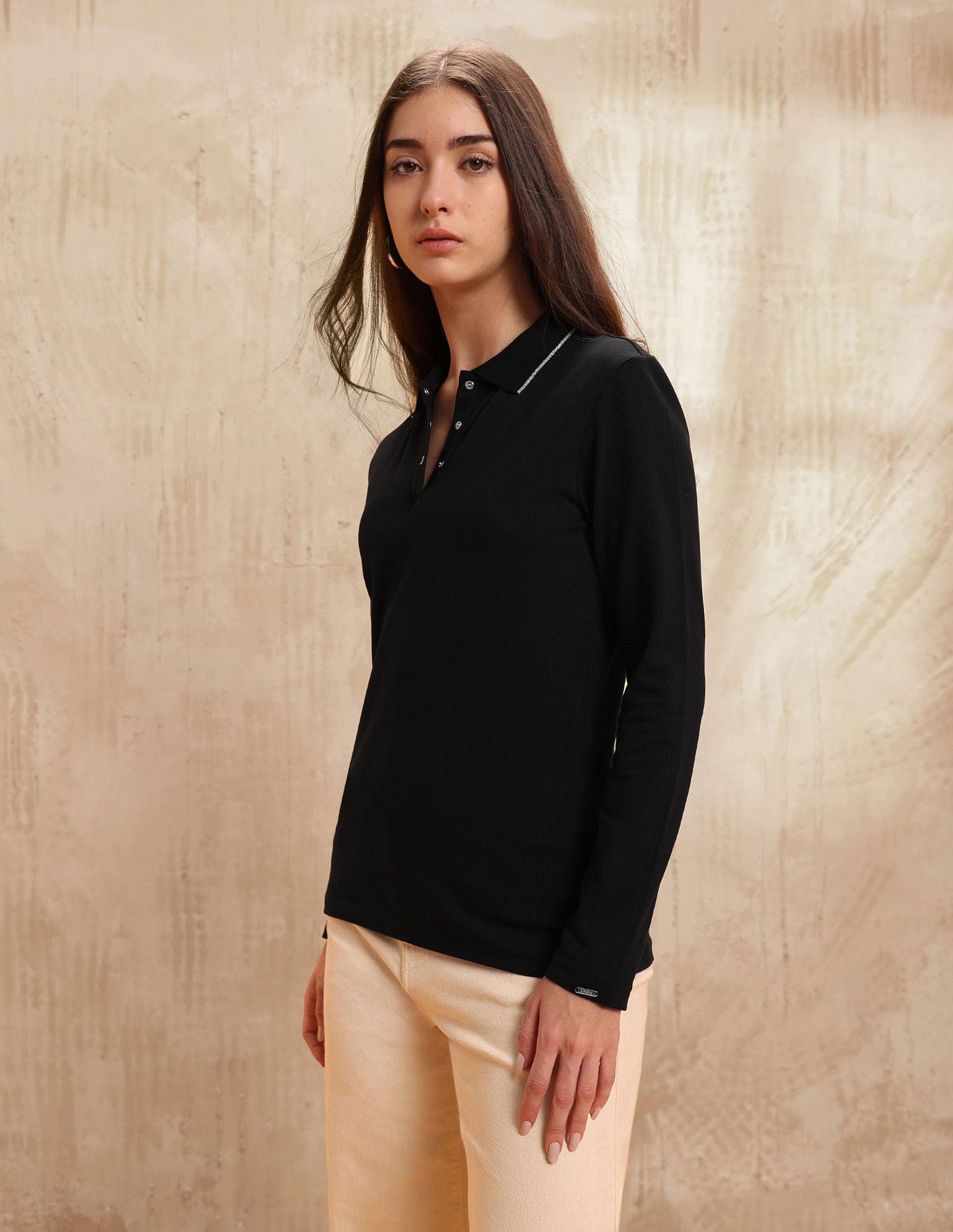 Polo Collar Cotton Tshirt With Full Sleeves Black - U.S. POLO ASSN. | Large