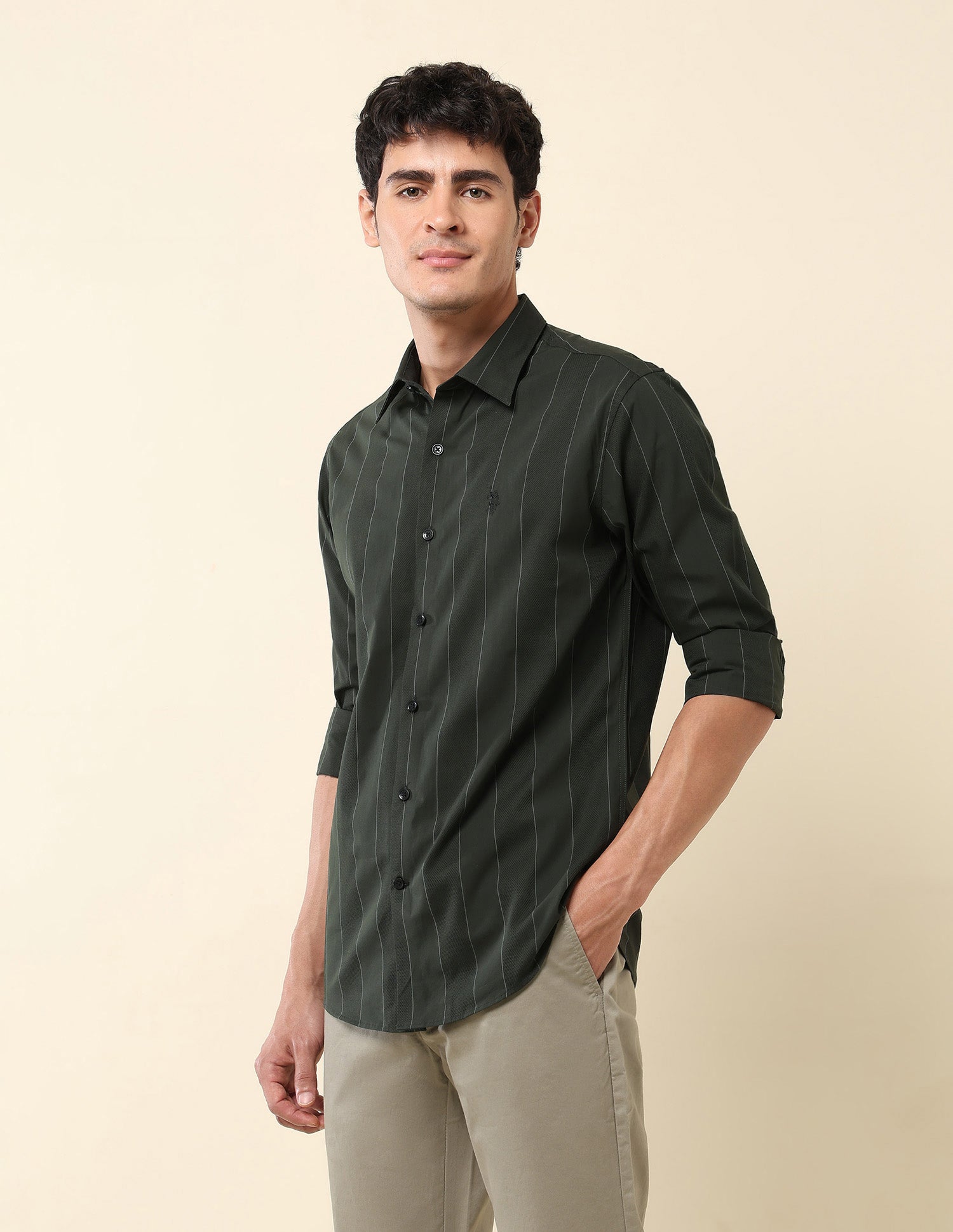 Vertical Striped Pure Cotton Shirt Olive - U.S. Polo Assn. India | Large
