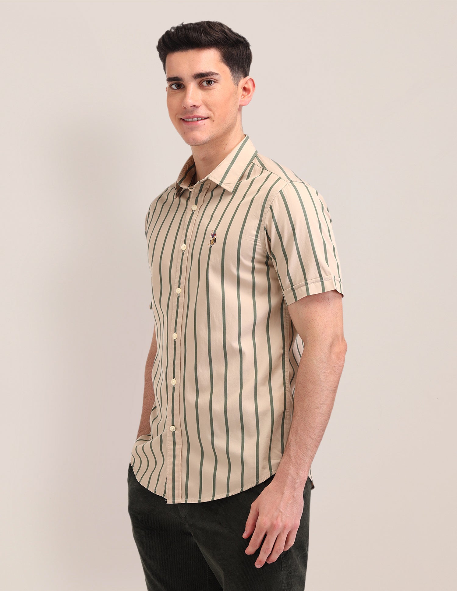 Vertical Striped Tailored Fit Shirt Beige - U.S. Polo Assn. India | Large