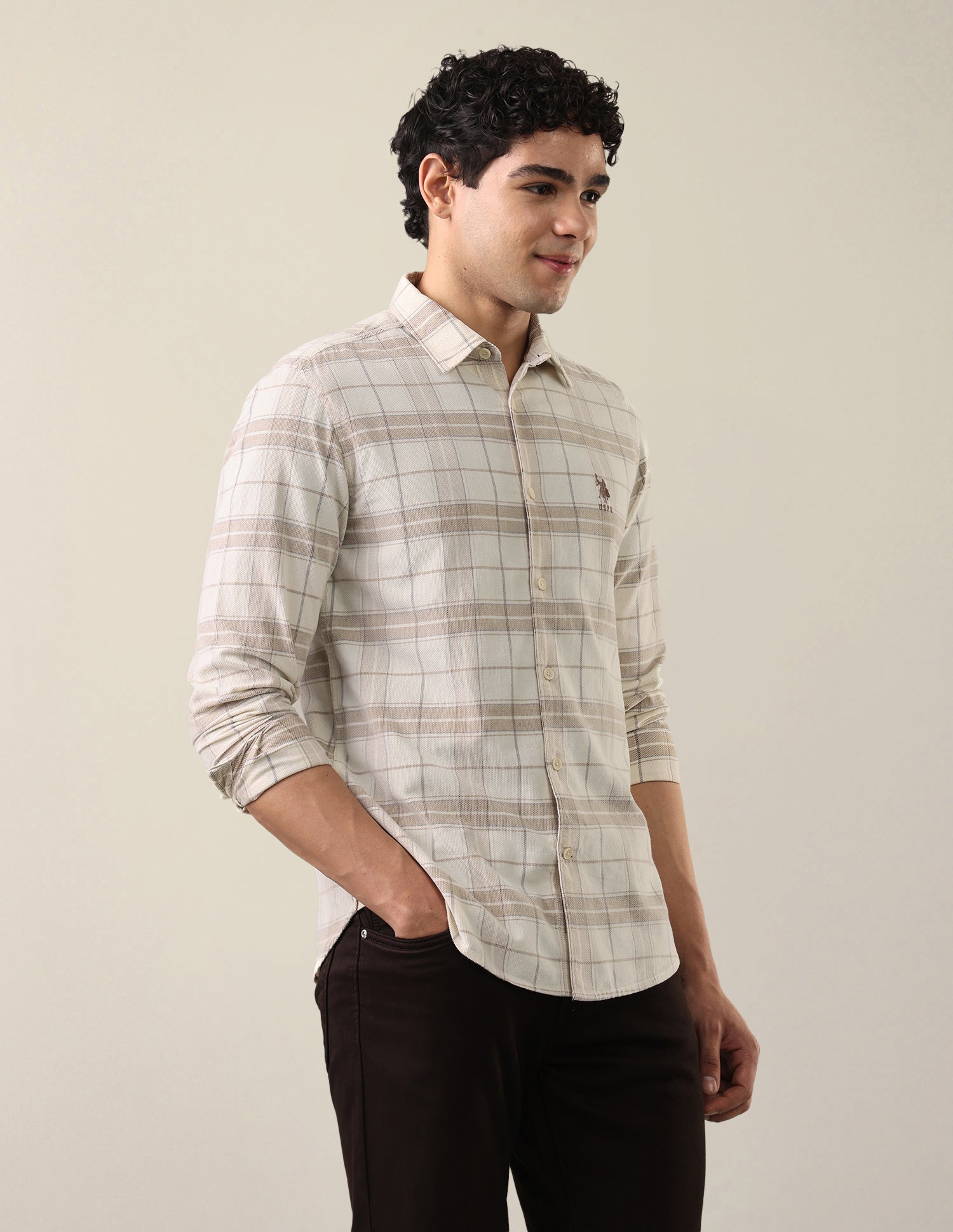 Corduroy Grid Tattersall Checked Shirt Beige - U.S. Polo Assn. India | Large