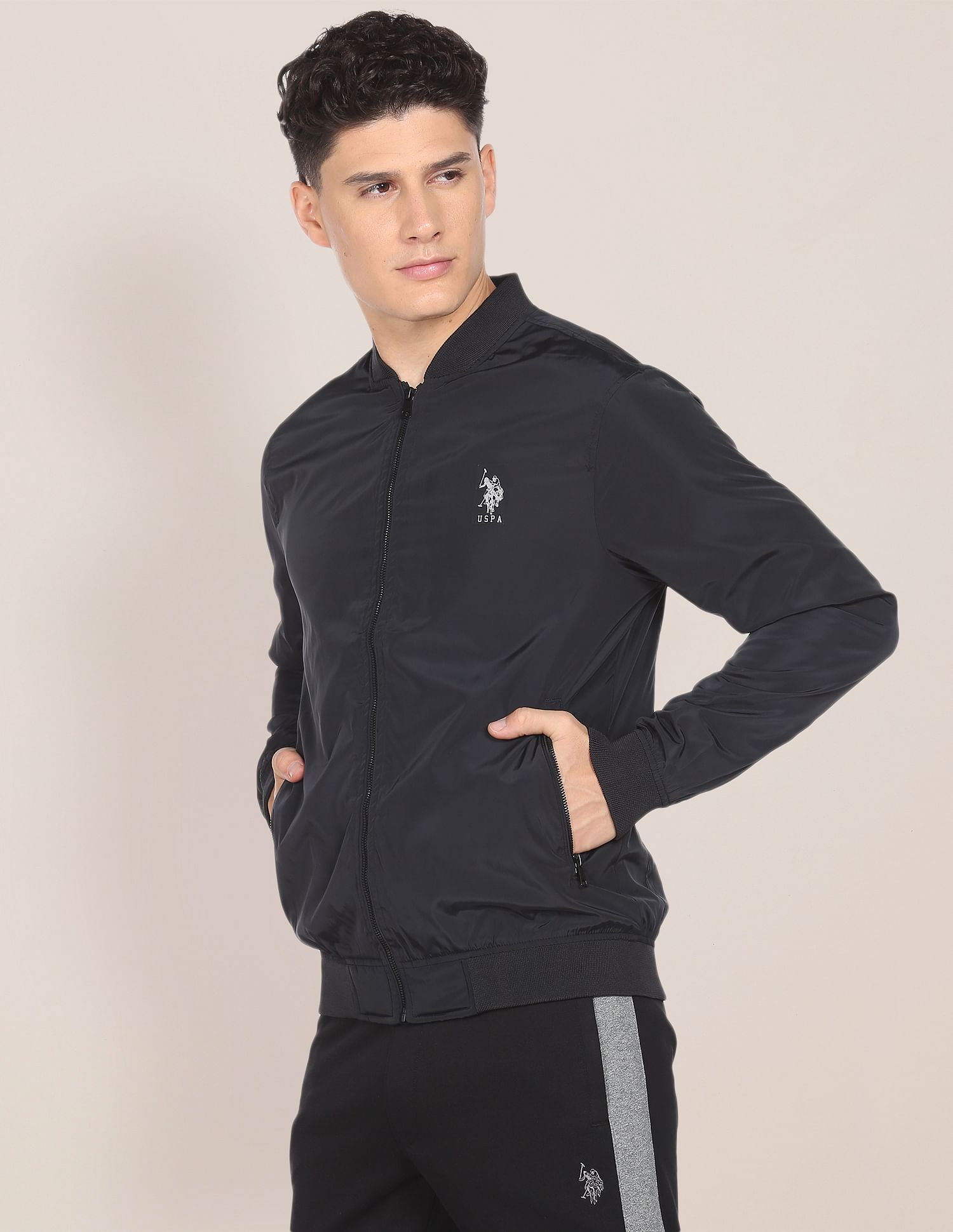 Men Black Solid Stand Collar Bomber Jacket Black - U.S. Polo Assn. India | Large