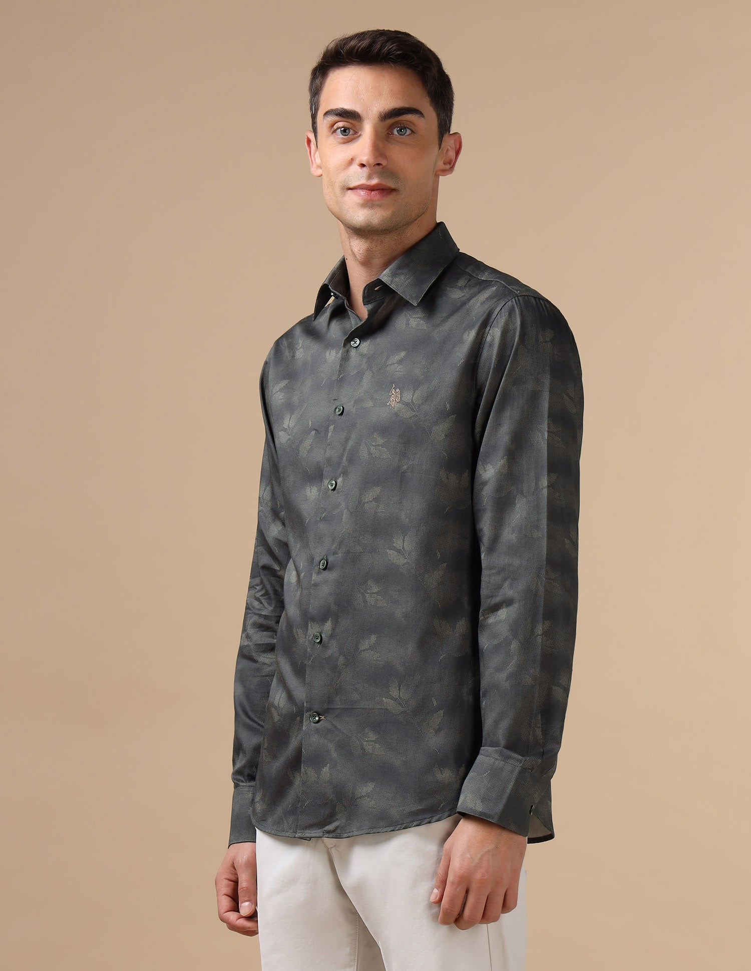 Tropical Printed Pure Cotton Shirt Olive - U.S. POLO ASSN. | Large