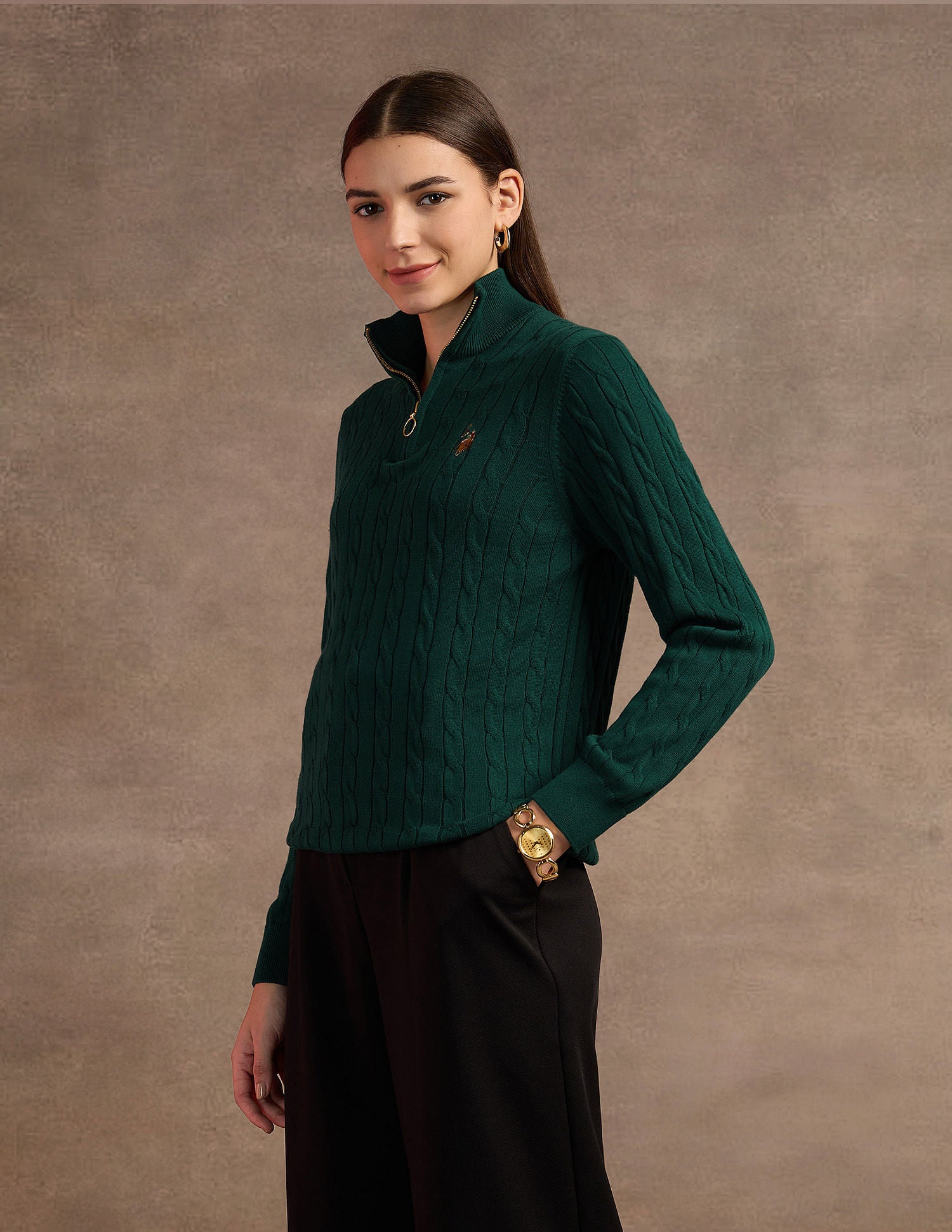 High Neck Cable Knit Sweater Green - U.S. Polo Assn. India | Large