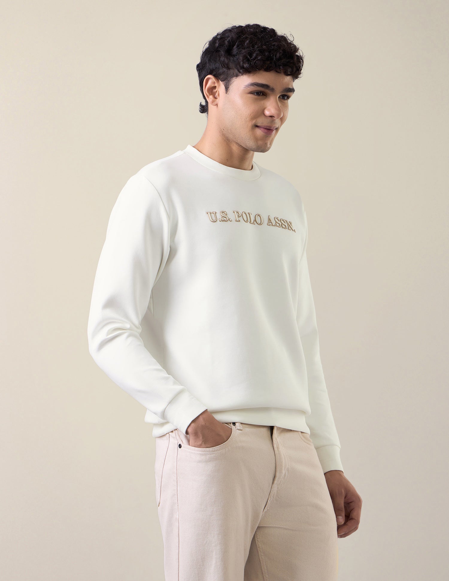 Brand Applique Slim Fit Sweatshirt Off White - U.S. Polo Assn. India | Large