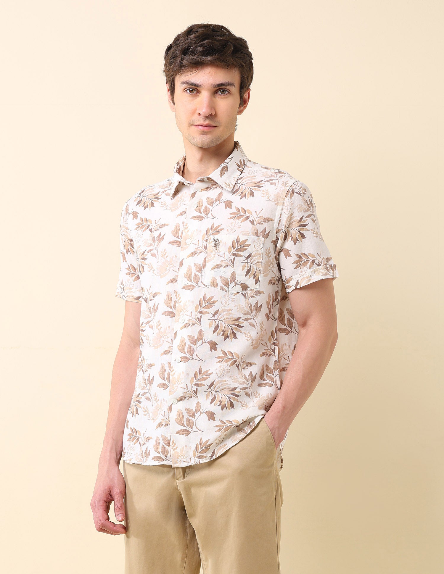 Floral Printed Tailored Fit Ctm Shirt Beige - U.S. Polo Assn. India | Large