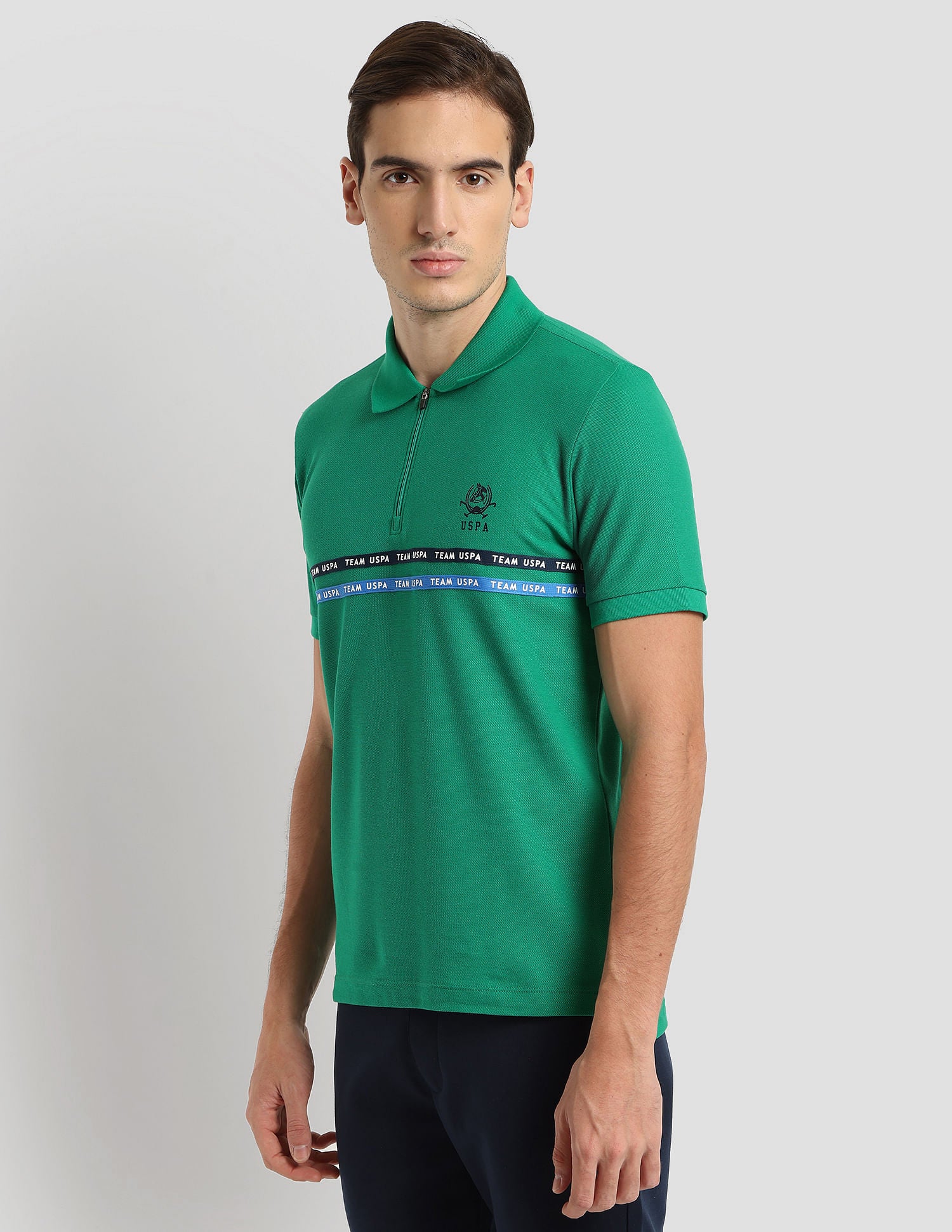 Brand Tape Zipper Active Polo Shirt Green - U.S. POLO ASSN. | Large