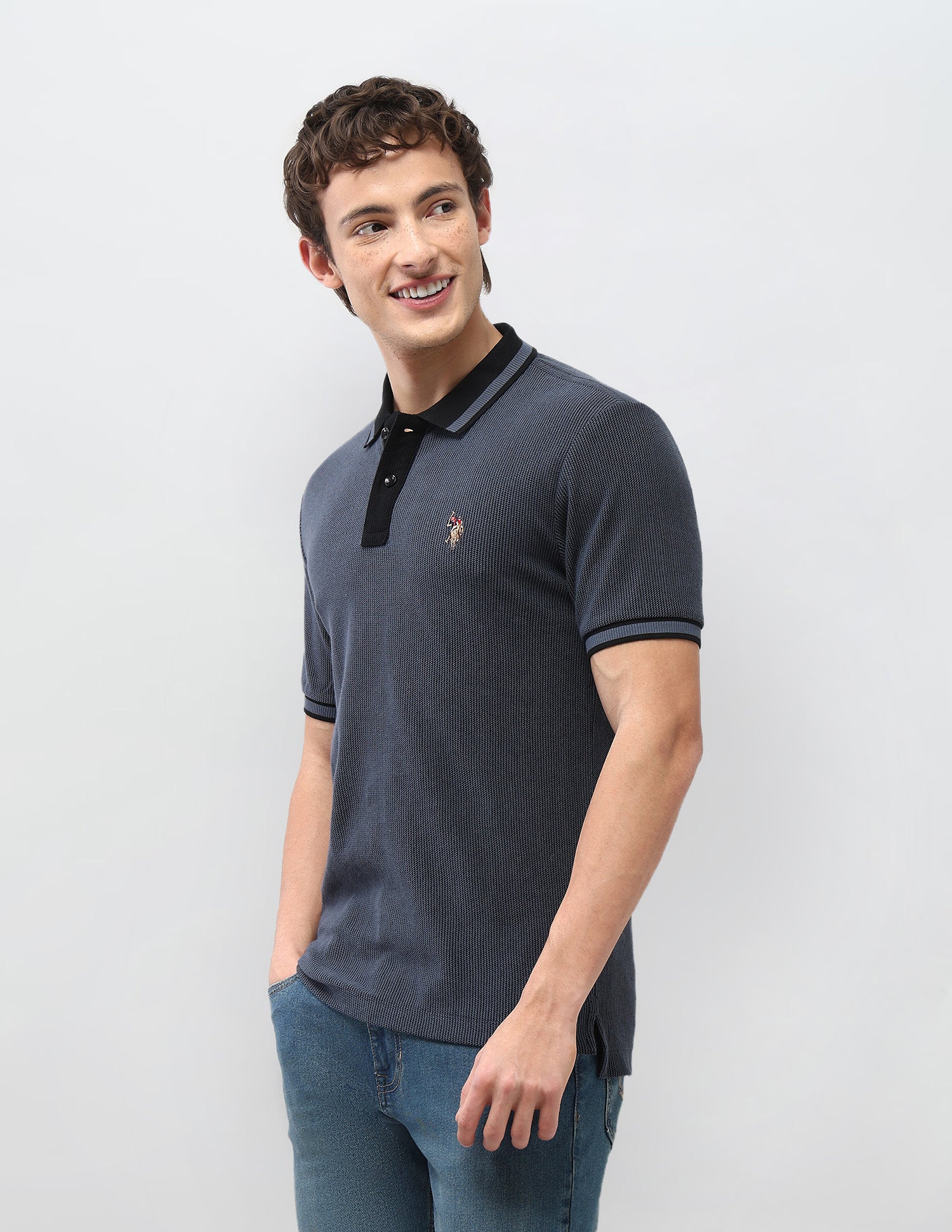 Textured Motel On The Coast Polo Shirt Dark Blue - U.S. Polo Assn. India | Large