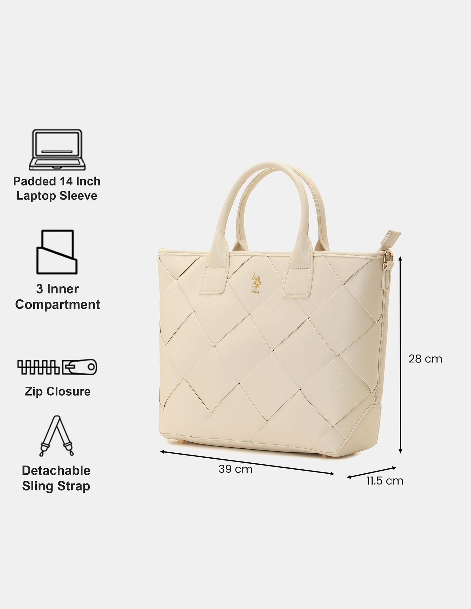 Women Bayla Textured Tote Bag with Detachable Sling Off White - U.S. POLO ASSN. | Large