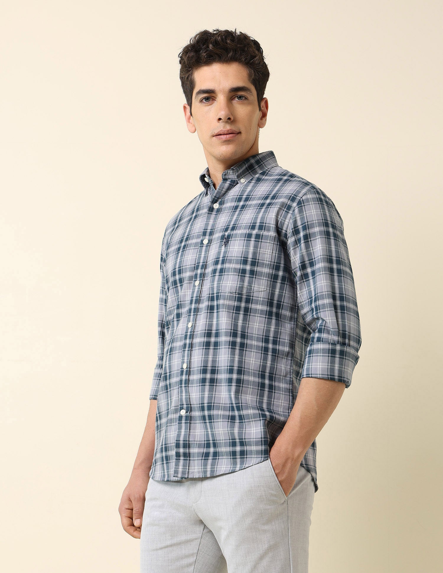 Pure Cotton Grid Tattersall Checked Shirt Grey - U.S. POLO ASSN. | Large