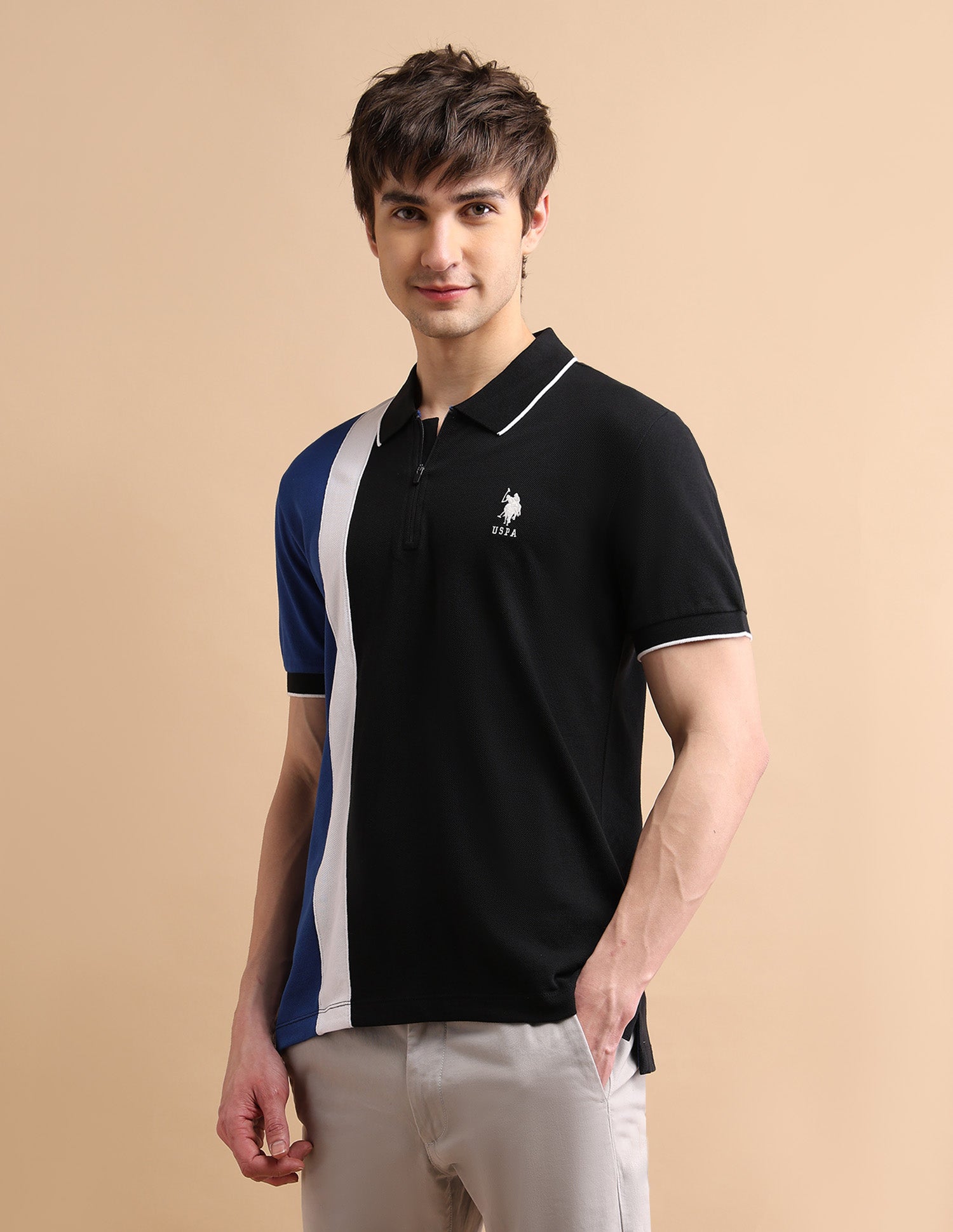 Colour Block Zipper Polo Shirt Black - U.S. POLO ASSN. | Large