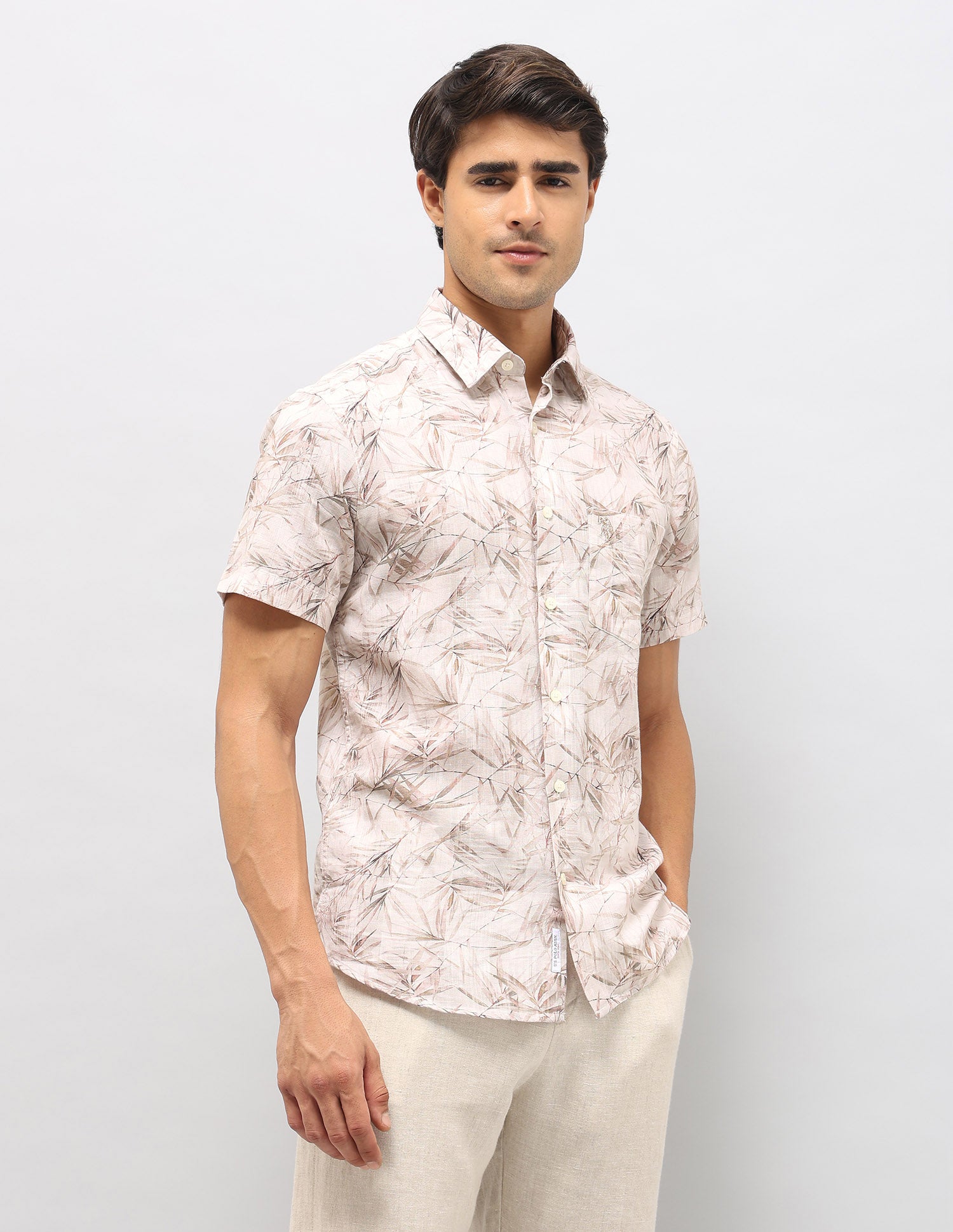 Tropical Printed Tailored Fit Shirt Light Khaki - U.S. POLO ASSN. | Large