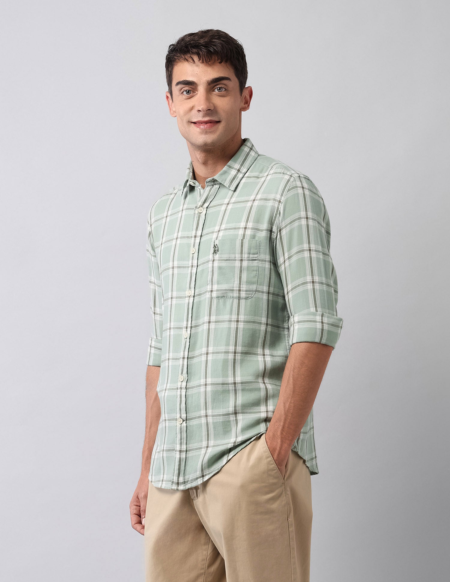 Tartan Checked Pure Cotton Shirt Light Green - U.S. Polo Assn. India | Large