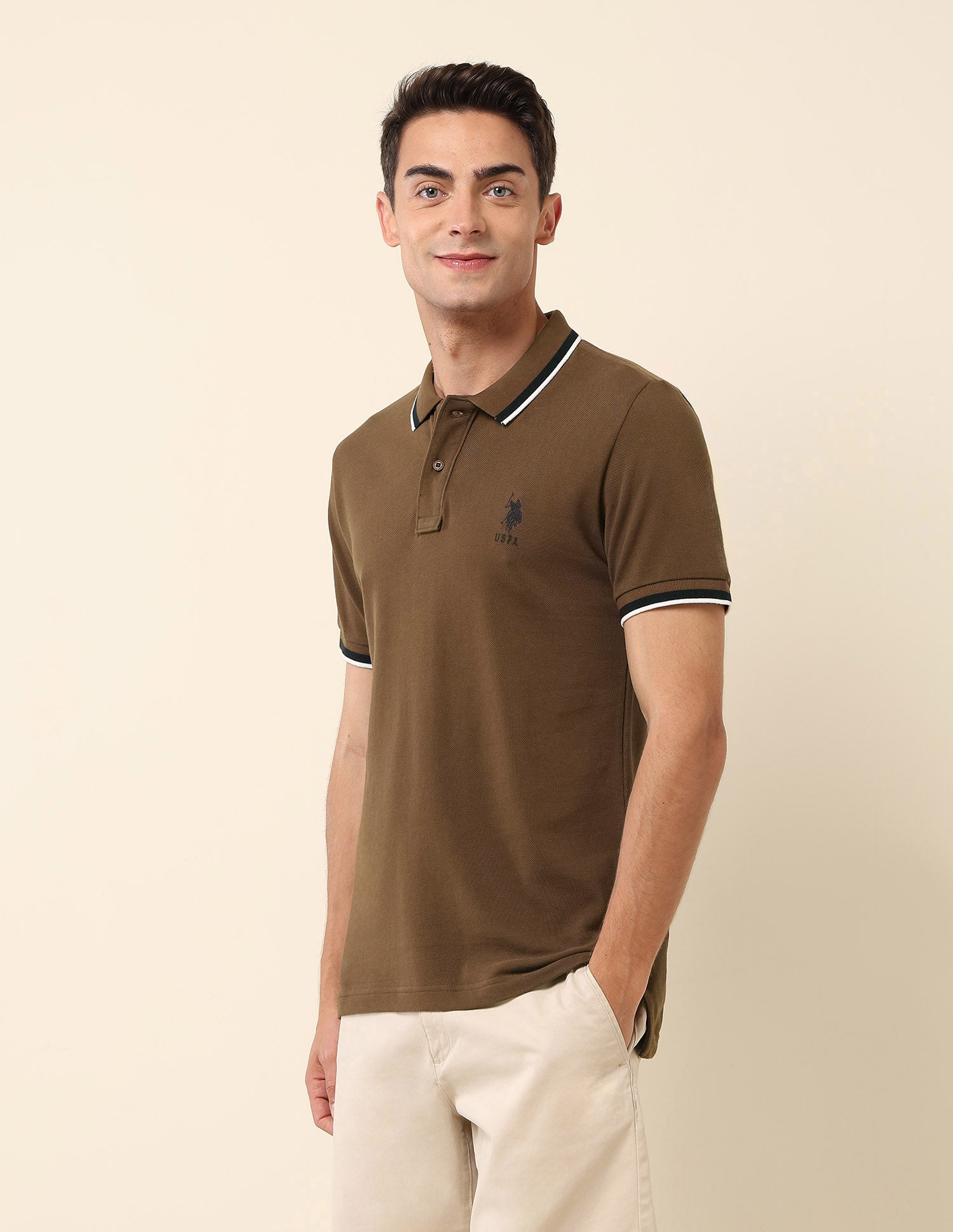 Pure Cotton Slim Fit Polo Shirt Light Brown - U.S. Polo Assn. India | Large