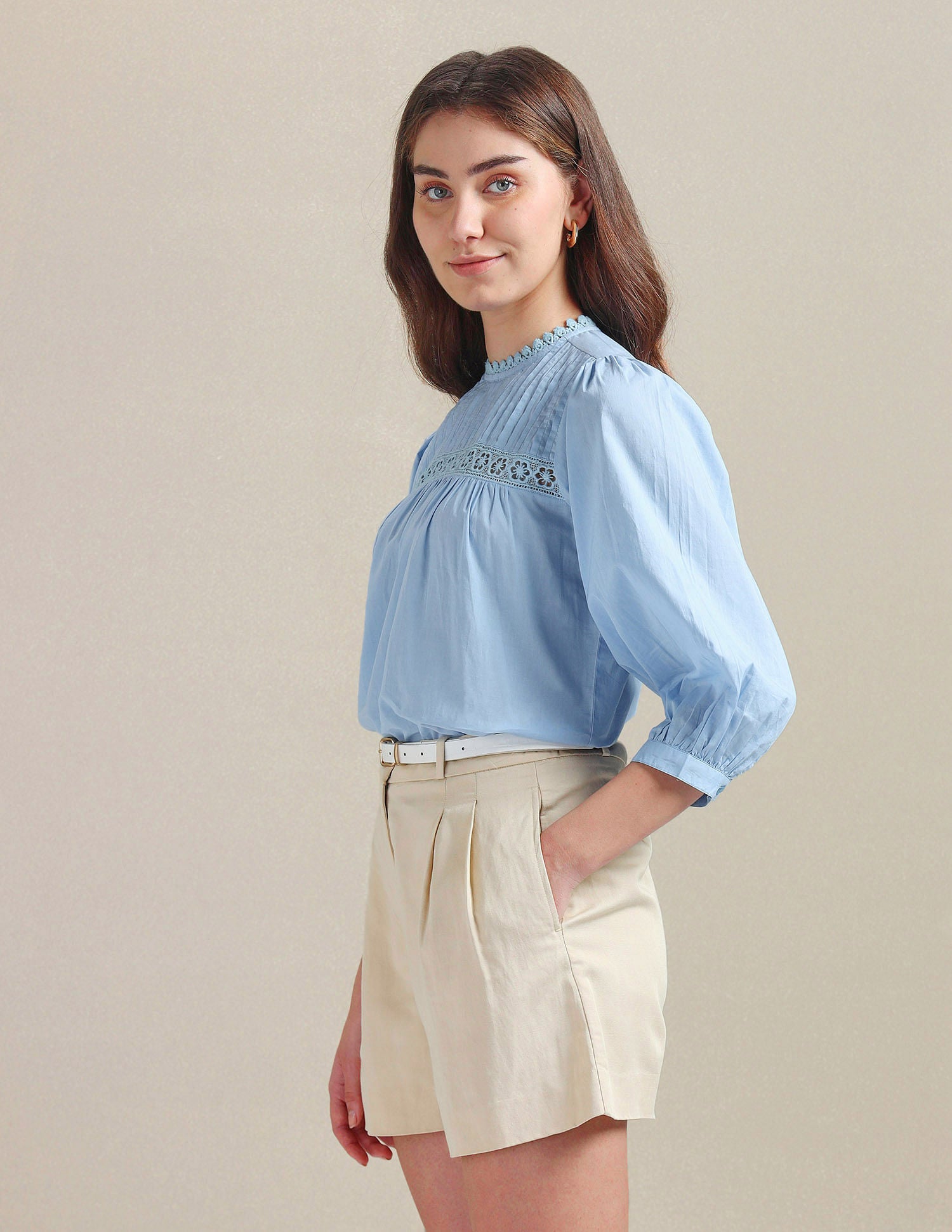 Lace Detail Cotton Top Light Blue - U.S. POLO ASSN. | Large