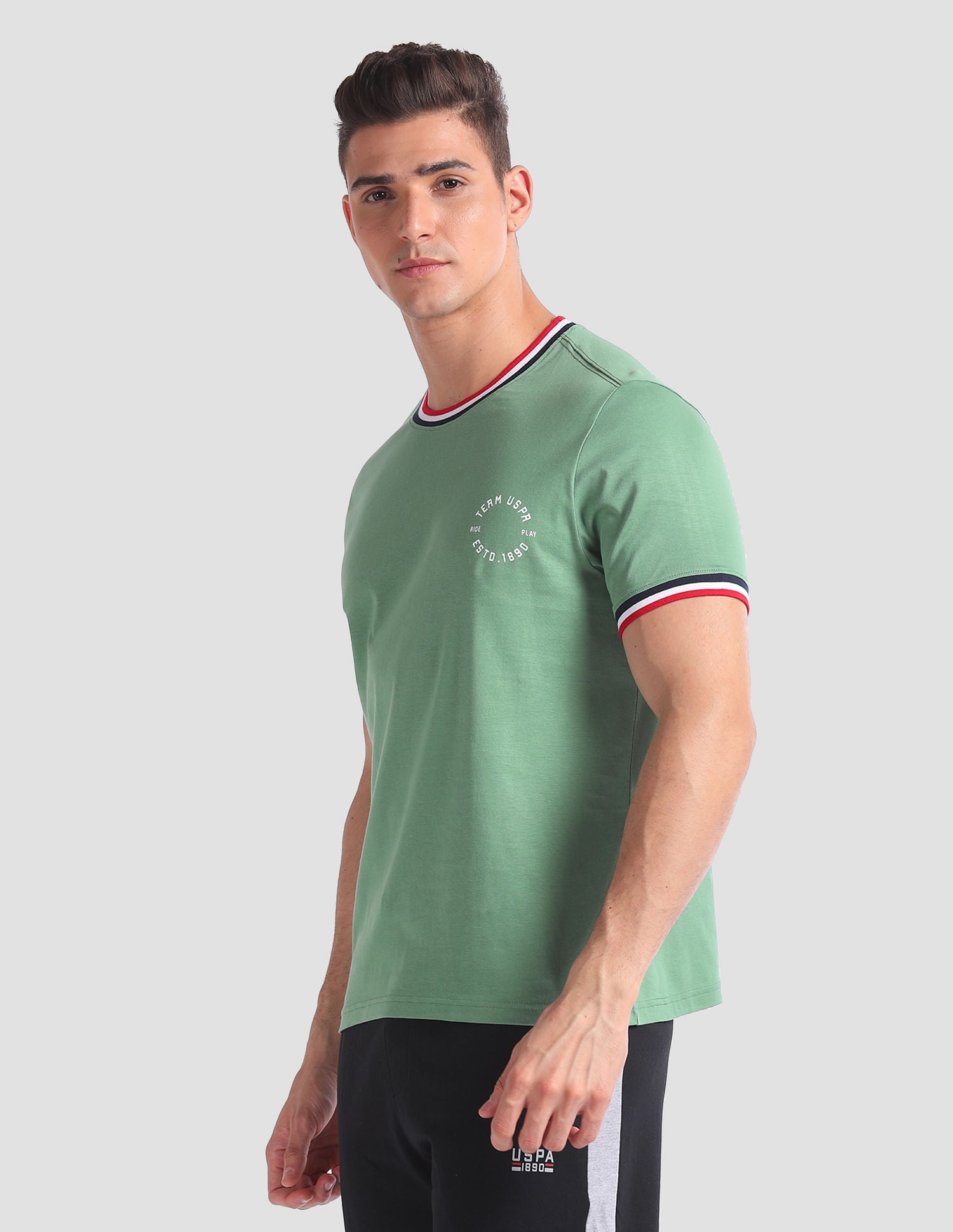 Striped Neck Cotton OEE01 Lounge T-Shirt - Pack Of 2 Green and Maroon - U.S. POLO ASSN. | Large