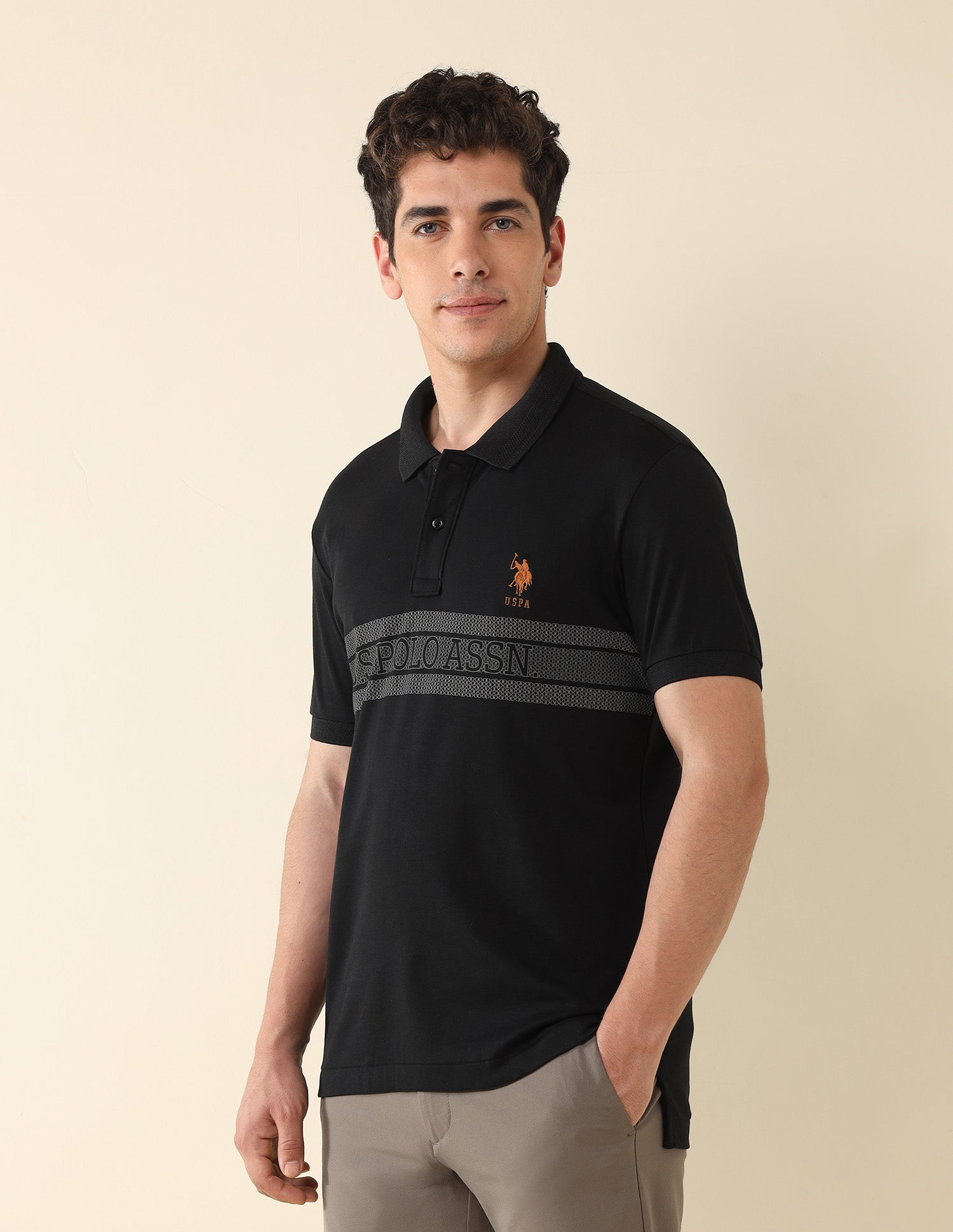 Brand Printed Modern Monochrome Polo Shirt Black - U.S. POLO ASSN. | Large