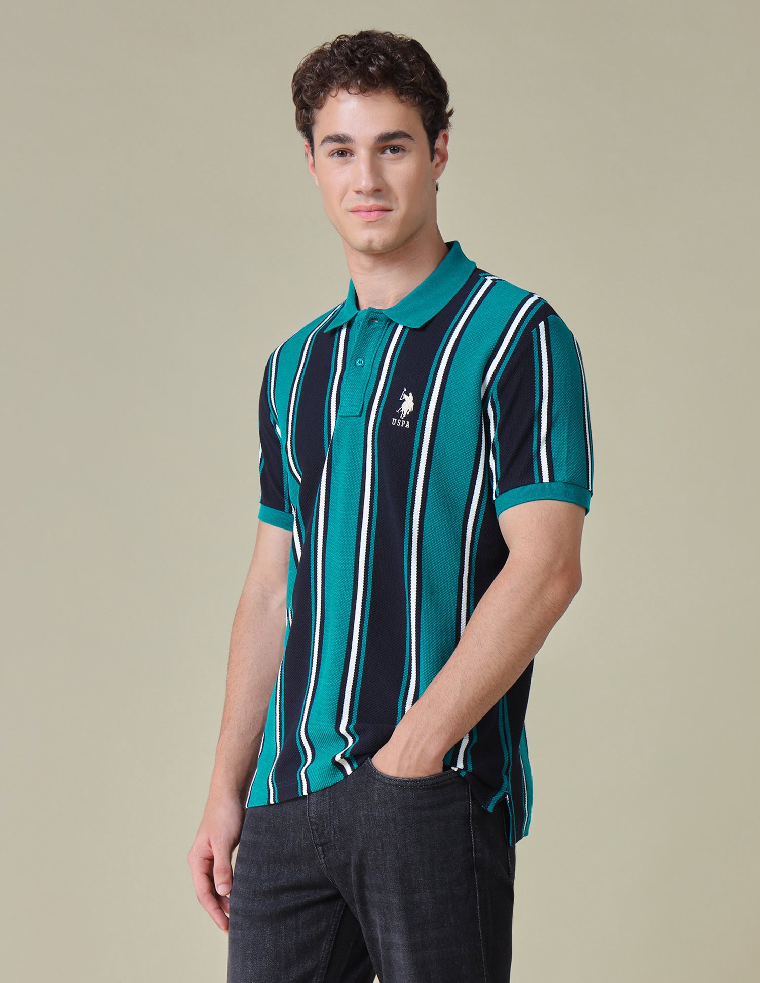 Vertical Striped Regular Fit Polo Shirt Teal - U.S. Polo Assn. India | Large