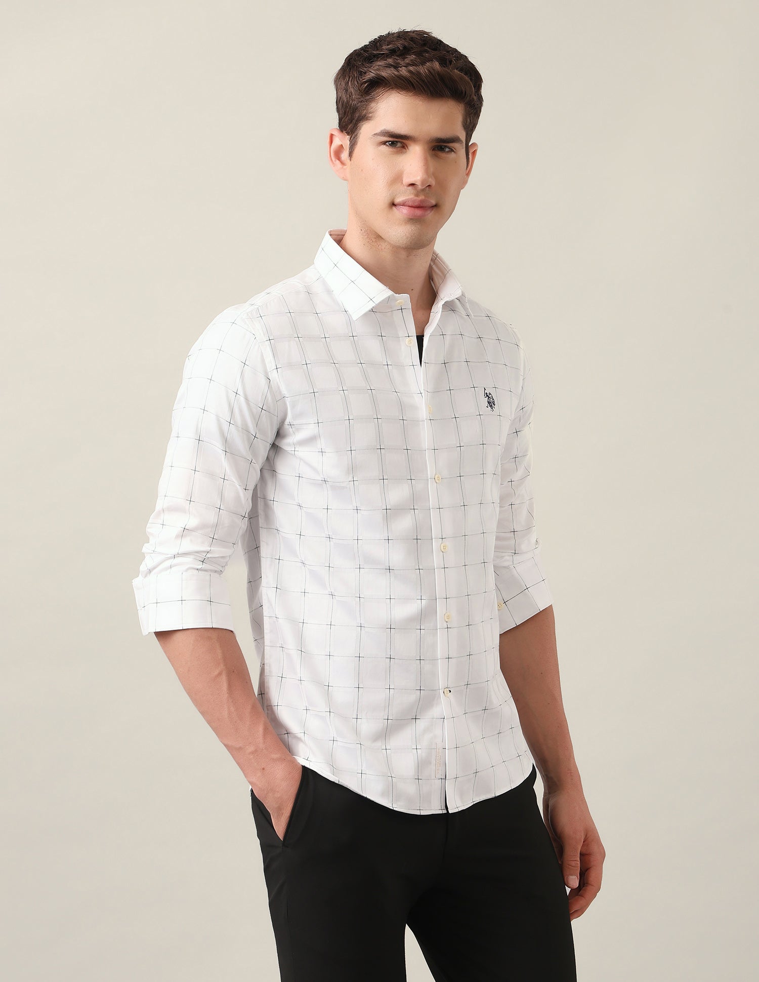 Windowpane Checked Satin Shirt White - U.S. Polo Assn. India | Large
