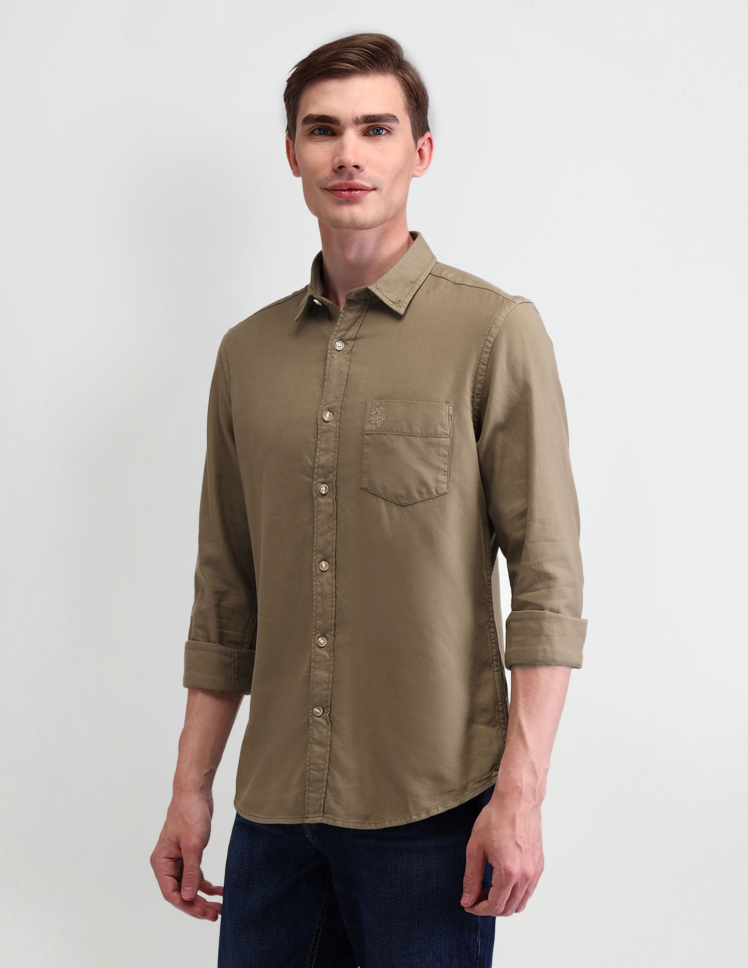 Solid Slim Fit Shirt Khaki - U.S. Polo Assn. India | Large