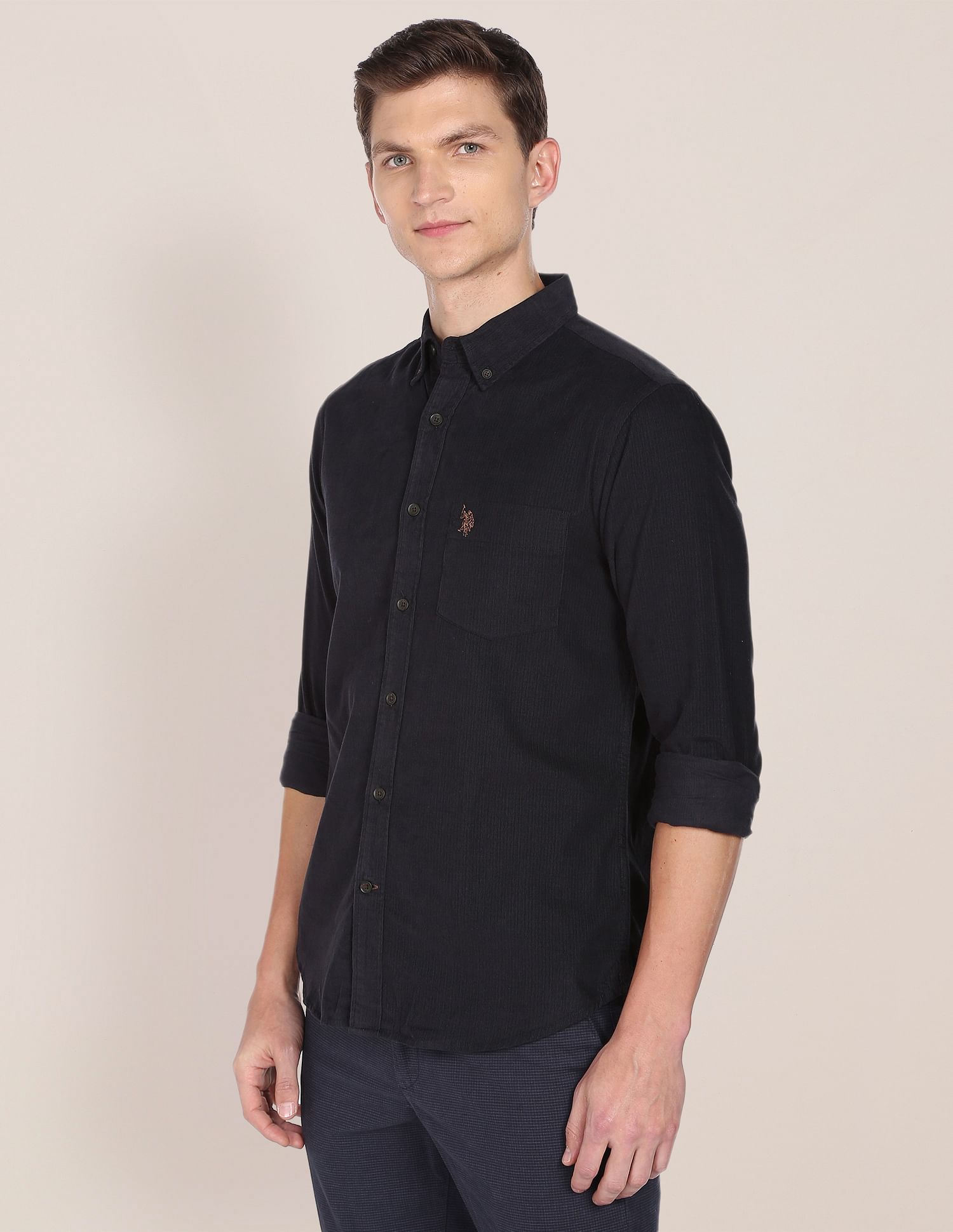 Solid Cotton Corduroy Casual Shirt Charcoal - U.S. Polo Assn. India | Large