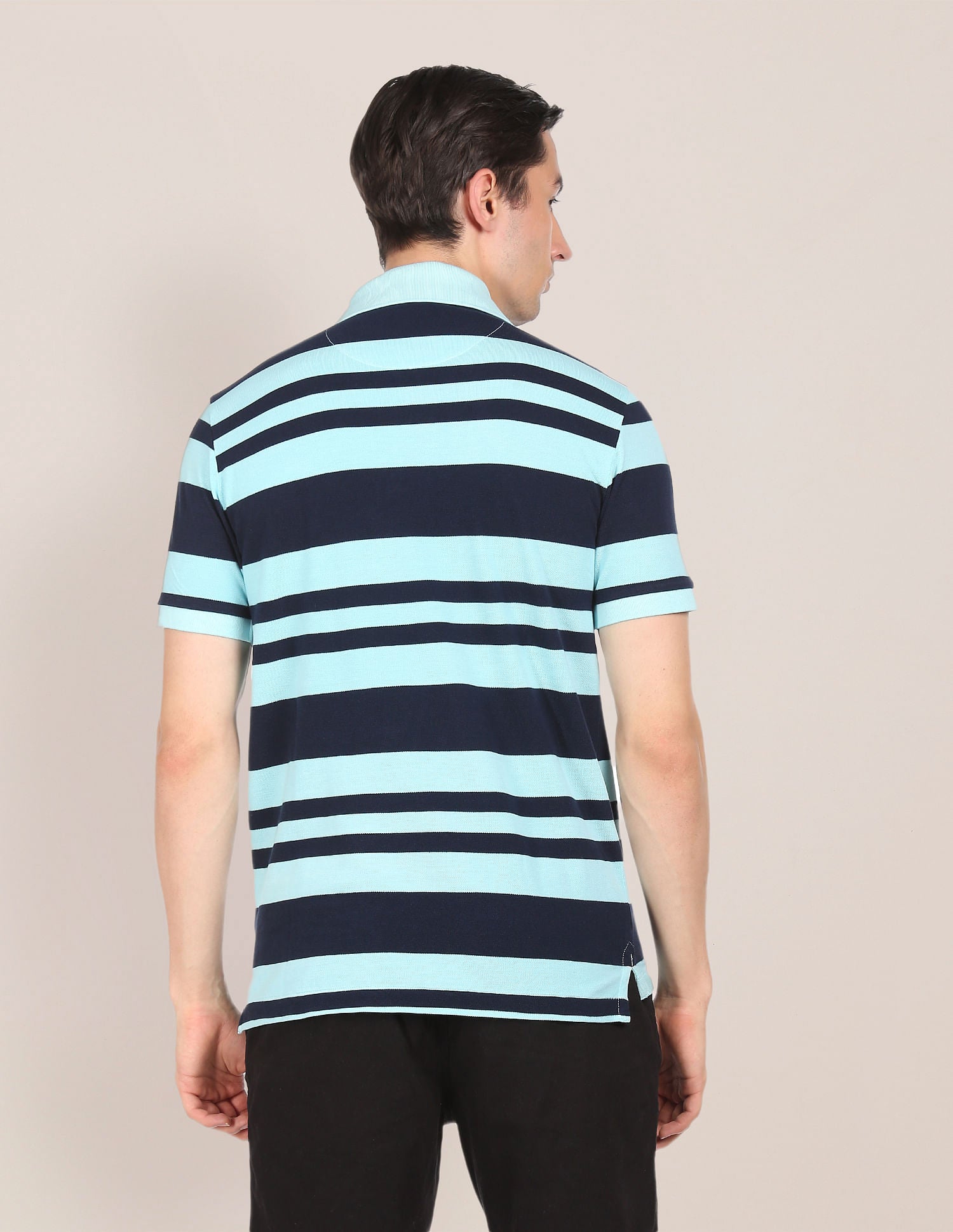 Ribbed Collar Striped Polo Shirt Aqua and Navy - U.S. Polo Assn. India | Large