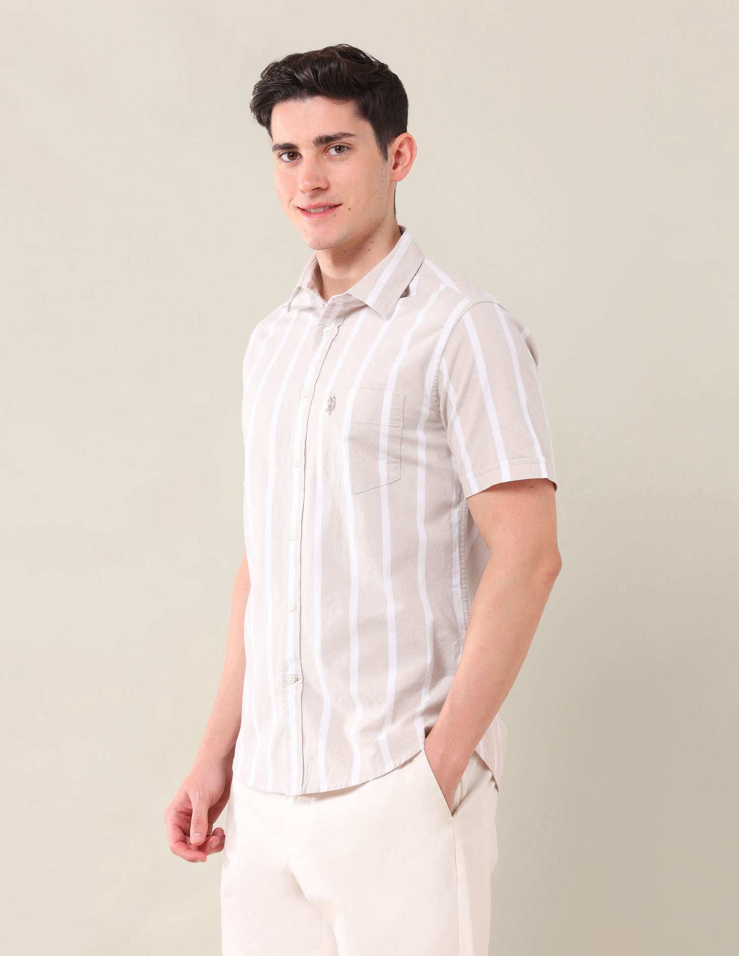 Vertical Striped Tailored Fit Shirt Beige - U.S. Polo Assn. India | Large