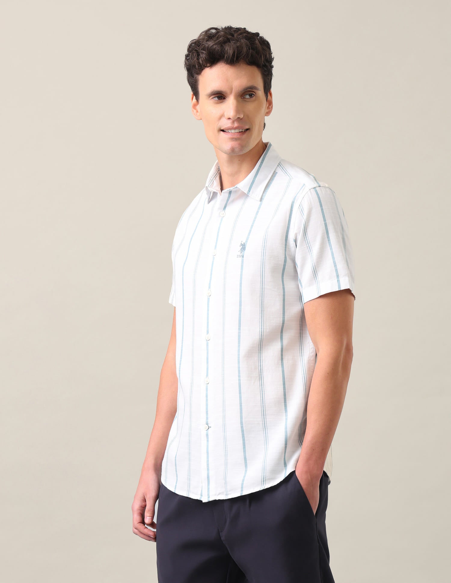 Vertical Striped Regular Fit Shirt Light Teal - U.S. Polo Assn. India | Large