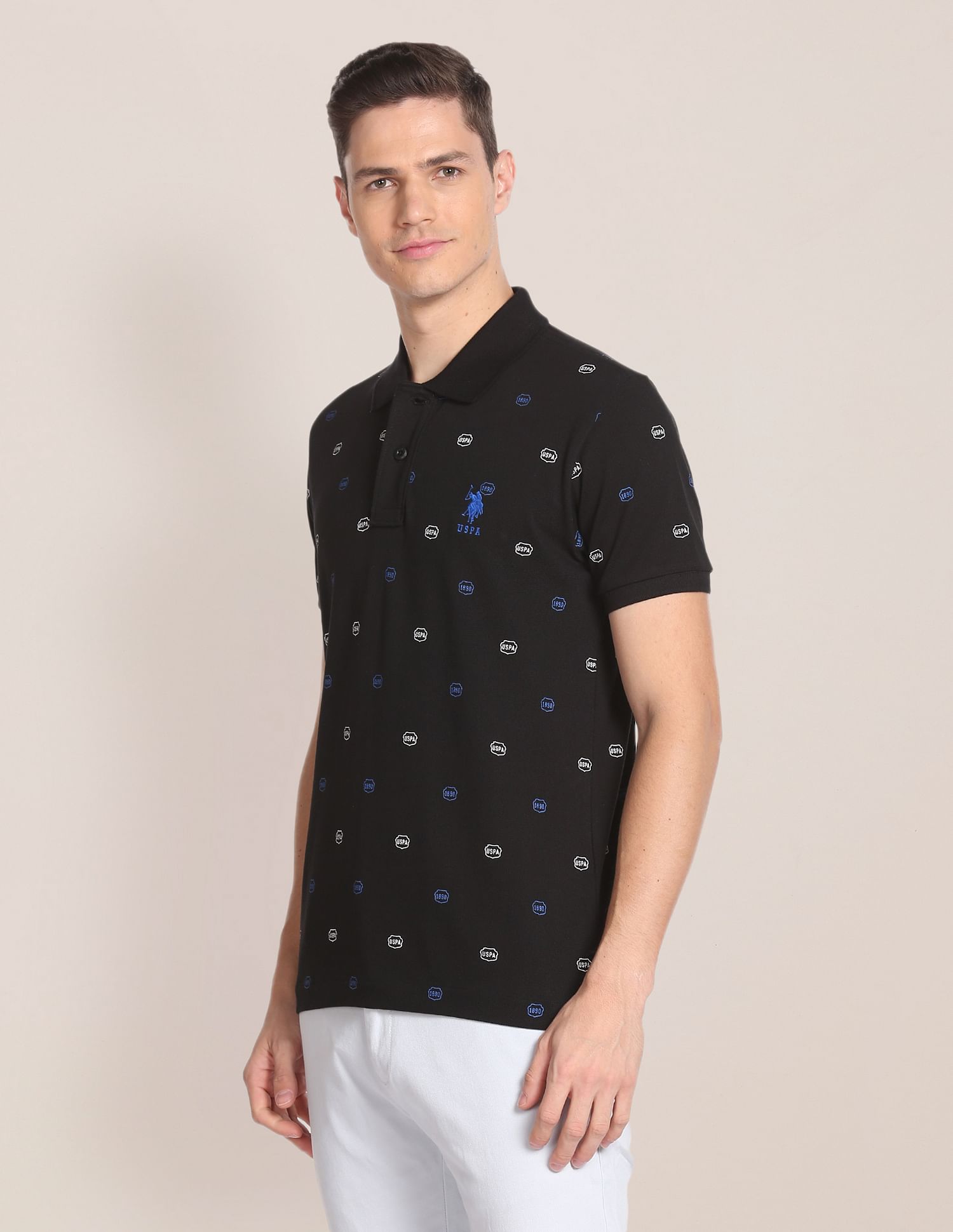 Cotton All Over Brand Print Polo Shirt Black - U.S. Polo Assn. India | Large