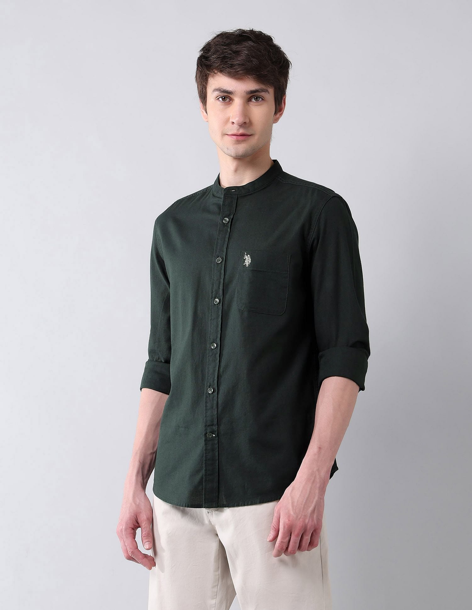 Solid Slub Mandarin Collar Shirt Dark Olive - U.S. Polo Assn. India | Large