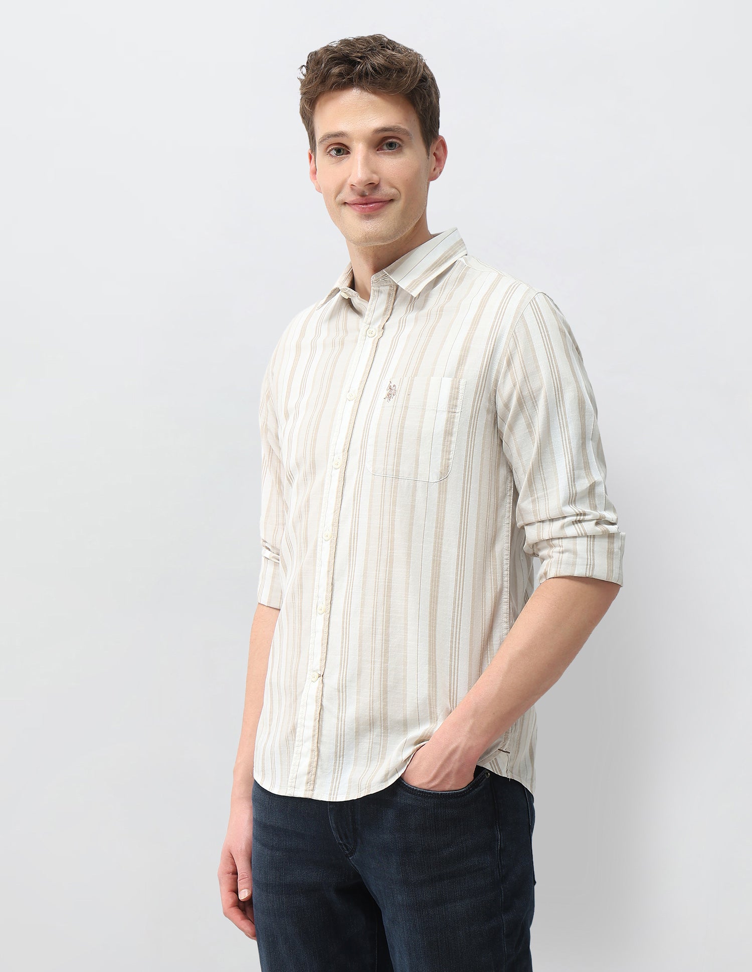 Vertical Striped Regular Fit Shirt Khaki - U.S. Polo Assn. India | Large
