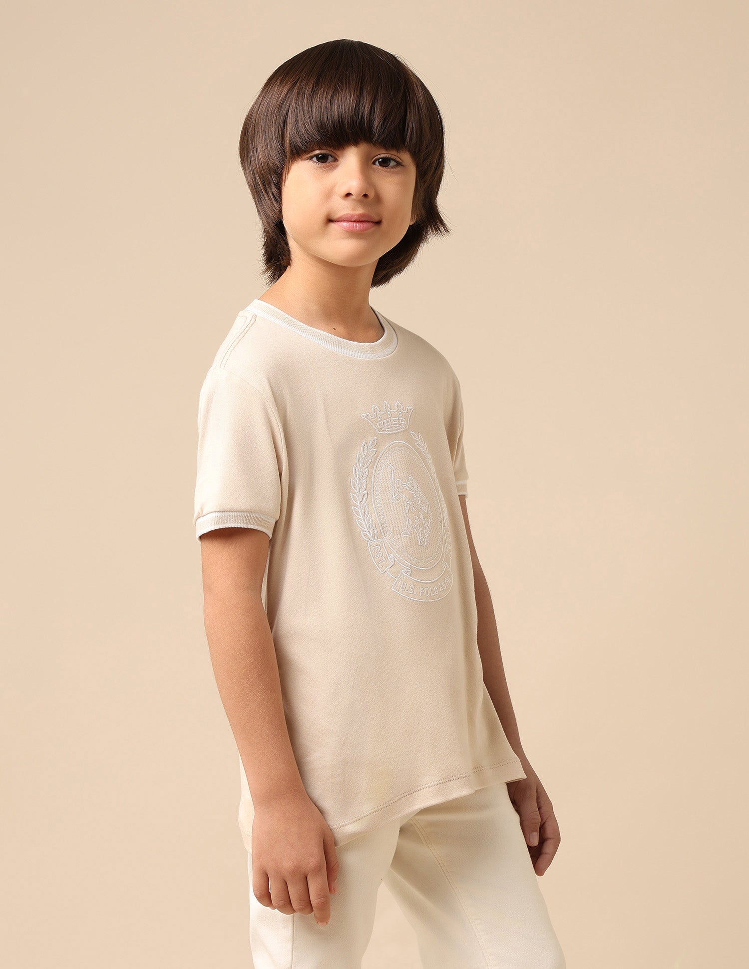 Boys Brand Embroidered Pure Cotton T Shirt Beige - U.S. POLO ASSN. | Large