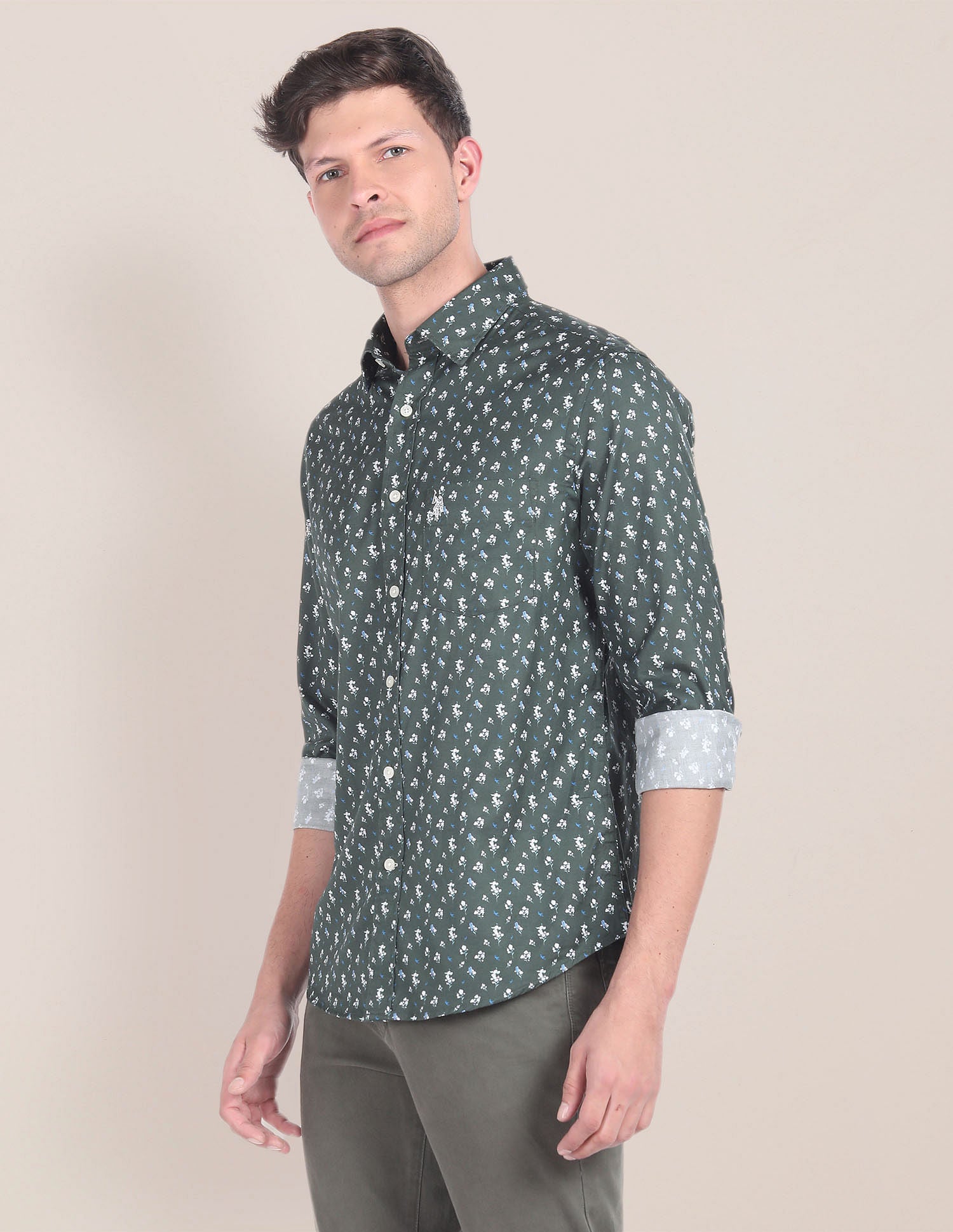Floral Print Twill Shirt Olive - U.S. Polo Assn. India | Large