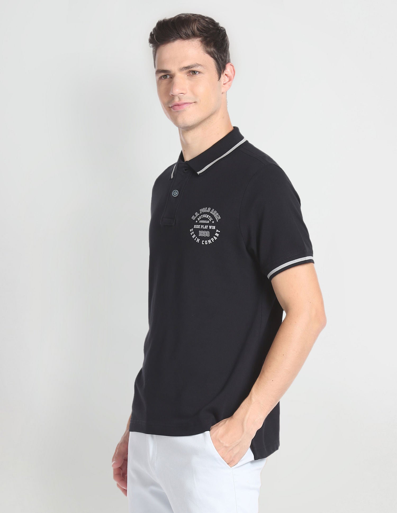 Striped Collar Cotton Polo Shirt Black - U.S. POLO ASSN. | Large