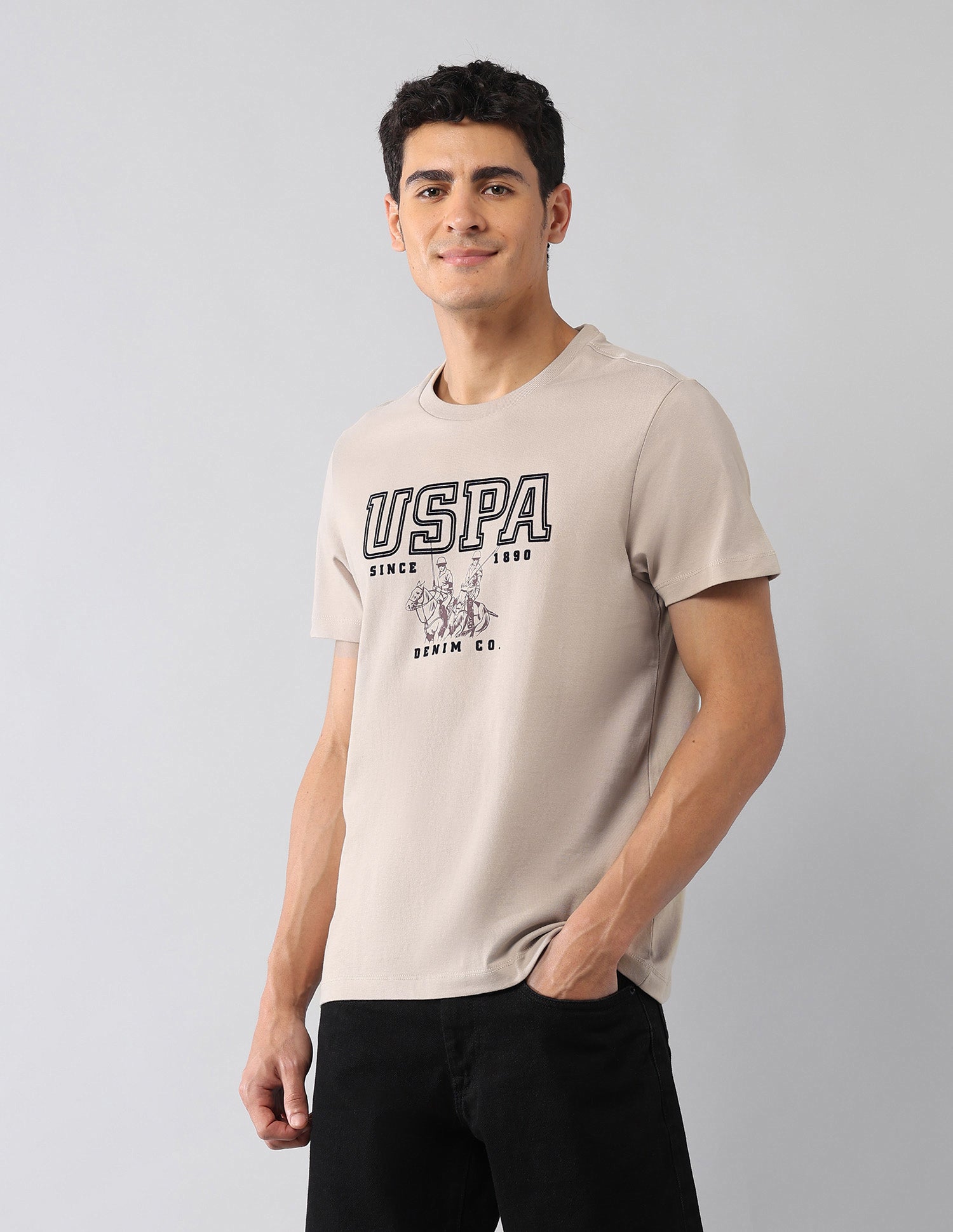 Brand Printed Muscle Fit Colligiate T-Shirt Beige - U.S. Polo Assn. India | Large