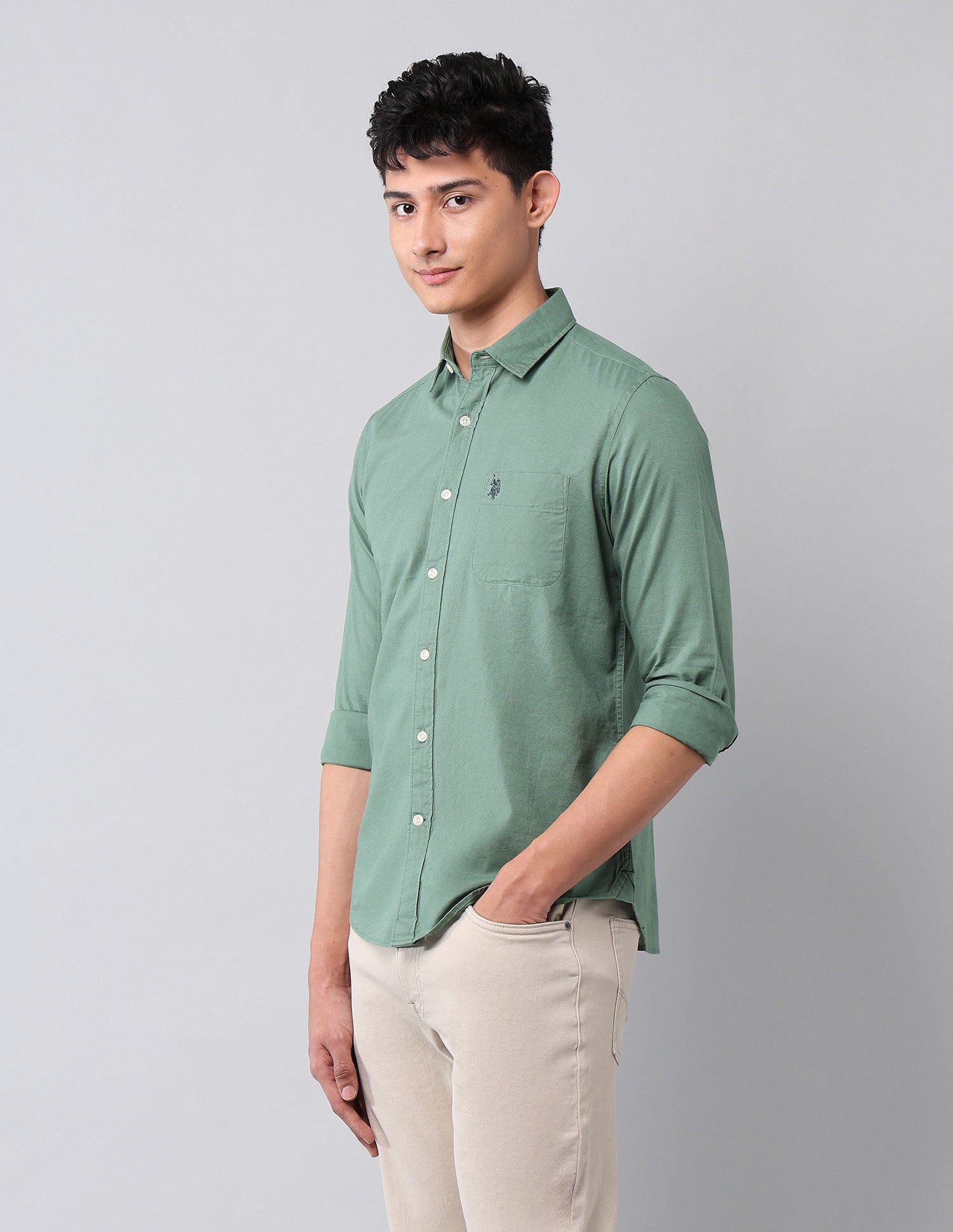 Solid Pure Cotton Shirt Light Green - U.S. Polo Assn. India | Large