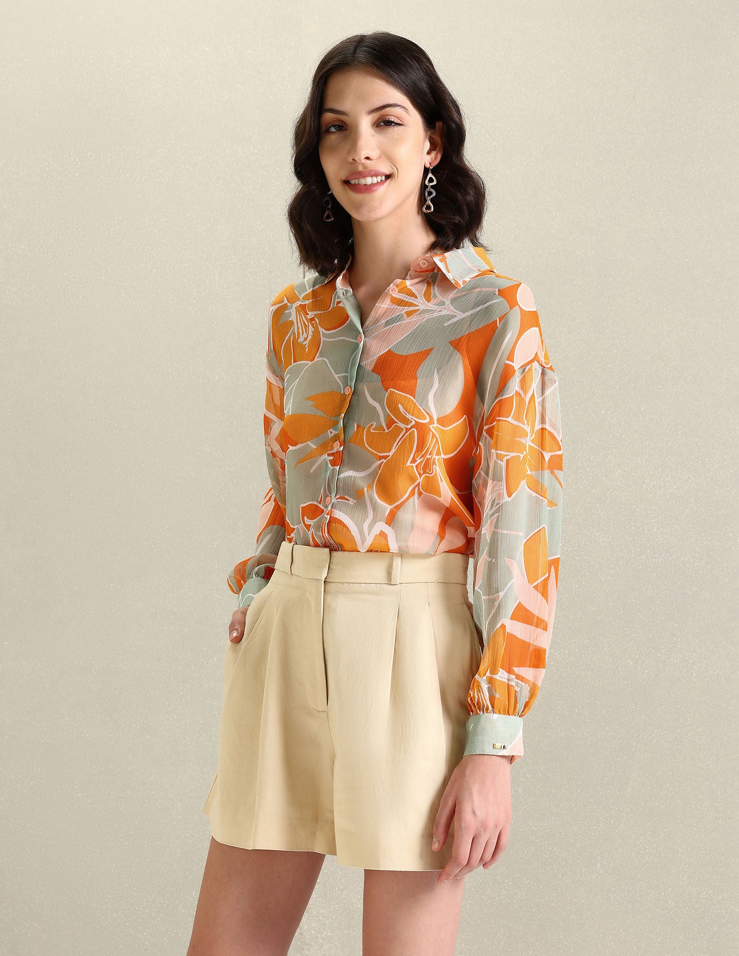 Spread Collar Floral Print Top Orange, Grey and White - U.S. POLO ASSN. | Large