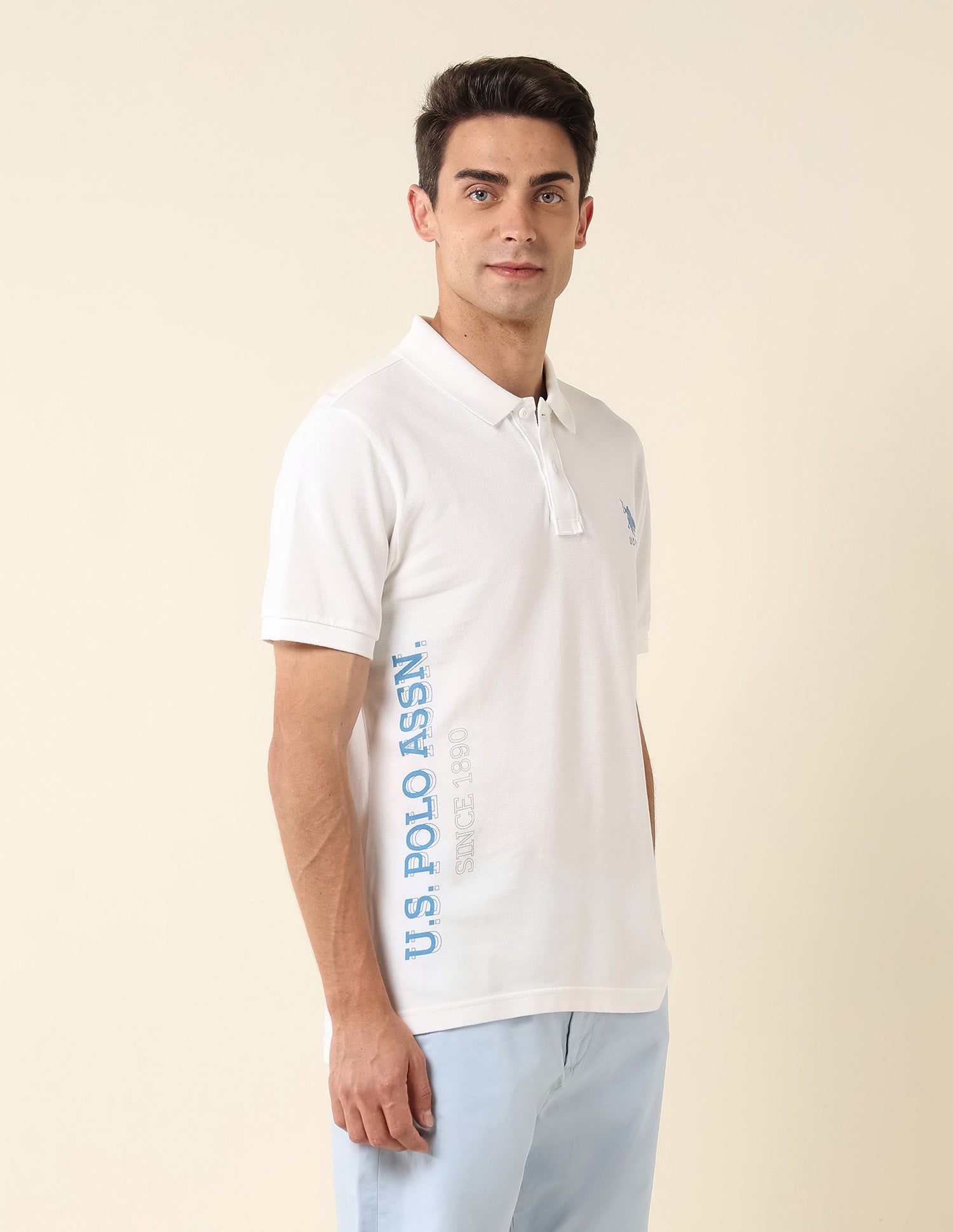 Brand Printed Pure Cotton Polo Shirt Off White - U.S. Polo Assn. India | Large