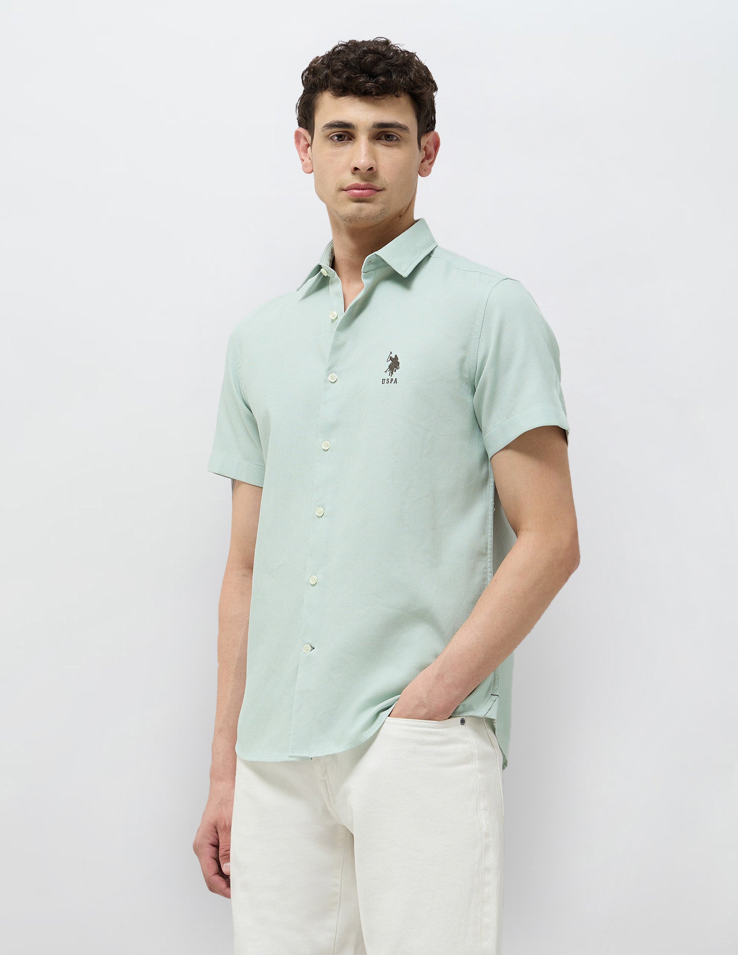 Textured Regular Fit Shirt Light Green - U.S. Polo Assn. India | Large