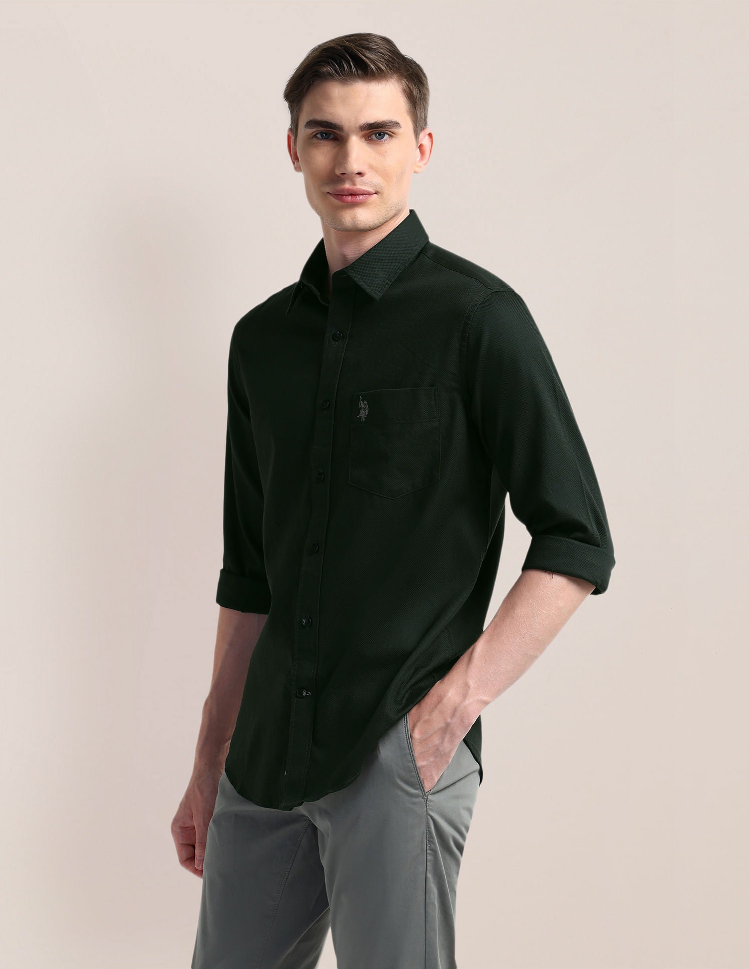 Cutaway Collar Premium Cotton Shirt Green - U.S. POLO ASSN. | Large