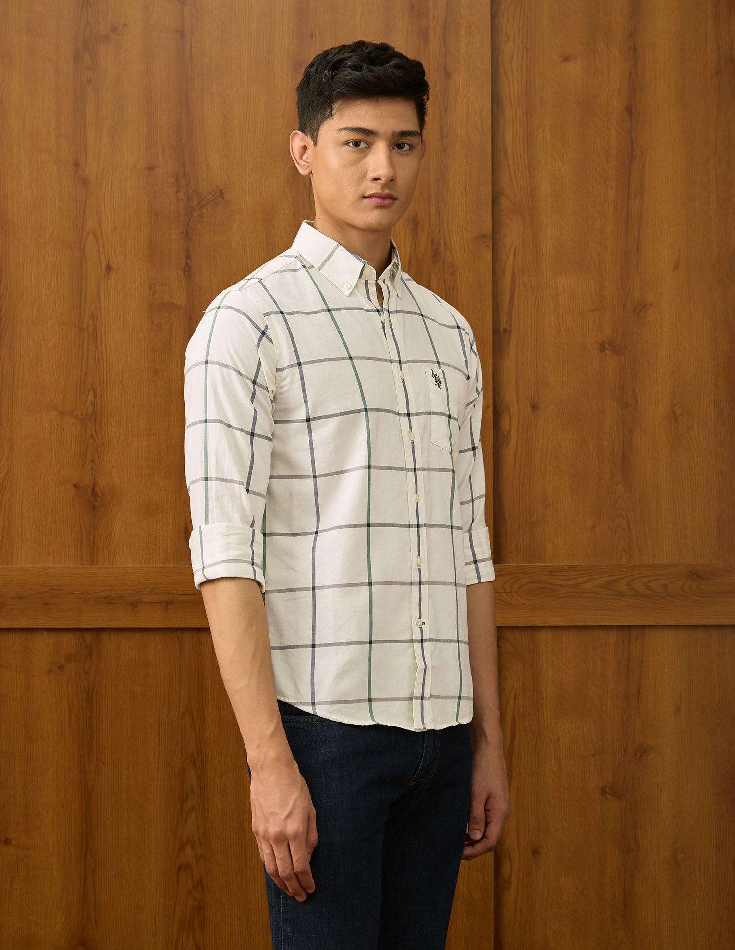 Windowpane Checked Tailored Fit Varsity Shirt Ivory - U.S. POLO ASSN. | Large