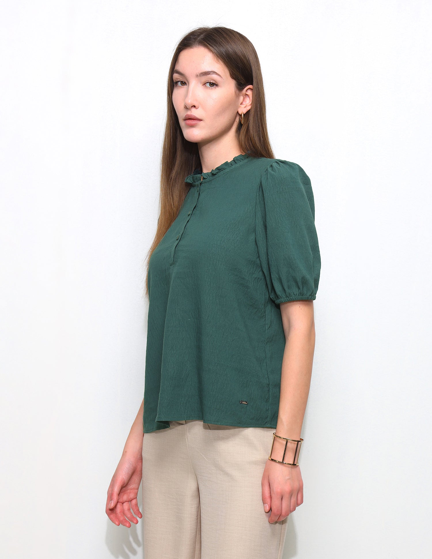 Solid Ruffle Neck Puff Sleeve Top Dark Green - U.S. Polo Assn. India | Large