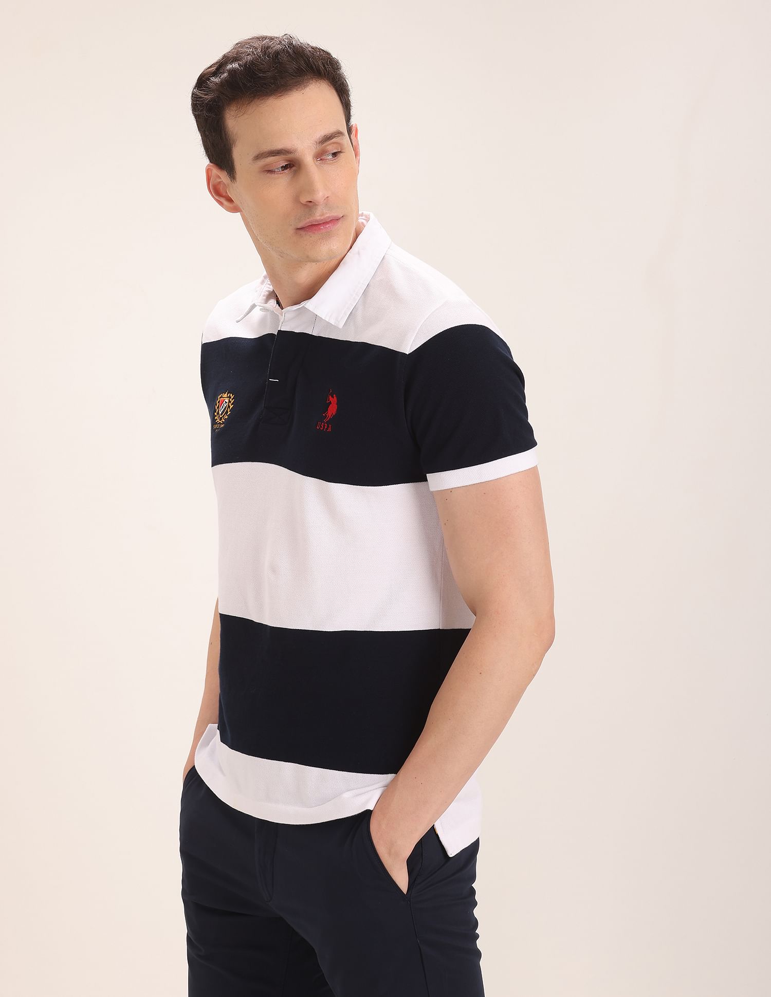 Rugby Stripe Polo Shirt White and Navy - U.S. Polo Assn. India | Large