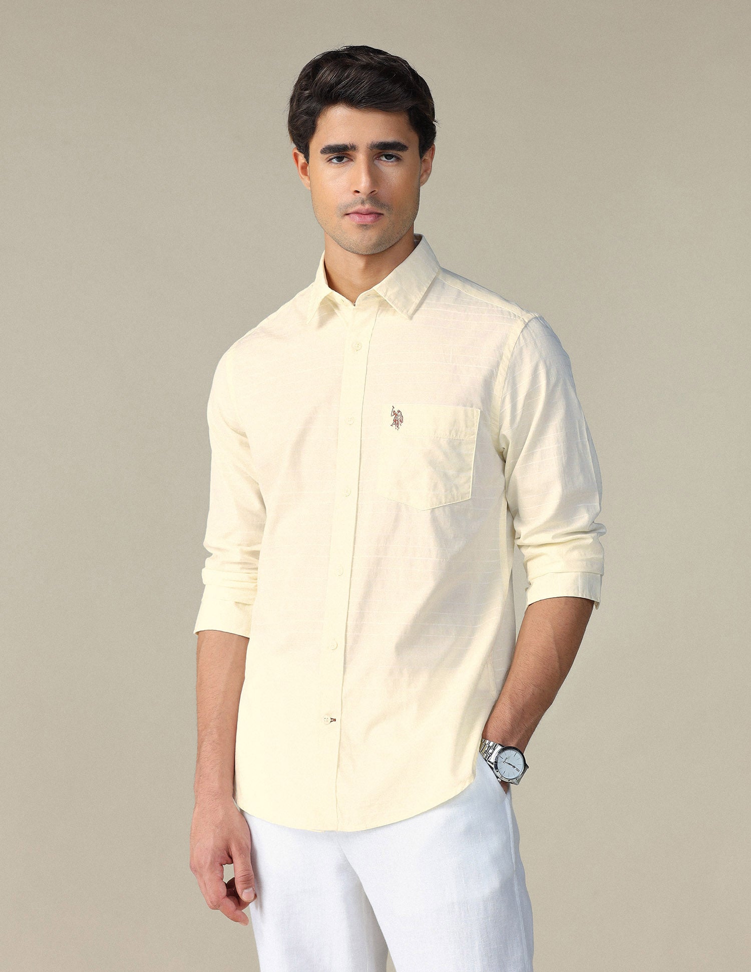 Pure Cotton Horizontal Striped Shirt Light Yellow - U.S. POLO ASSN. | Large