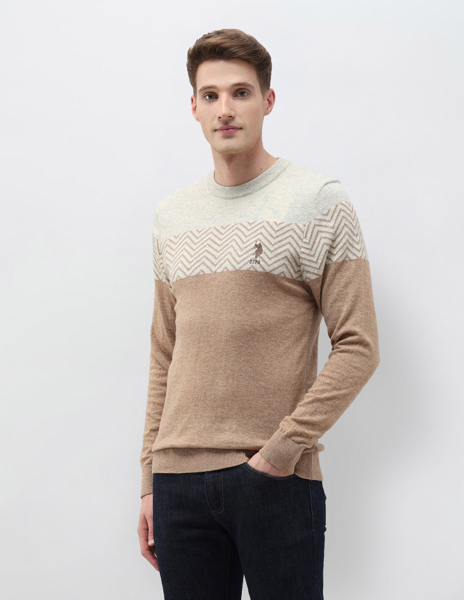 Chevron Patterned Knit Sweater Light Brown - U.S. POLO ASSN. | Large