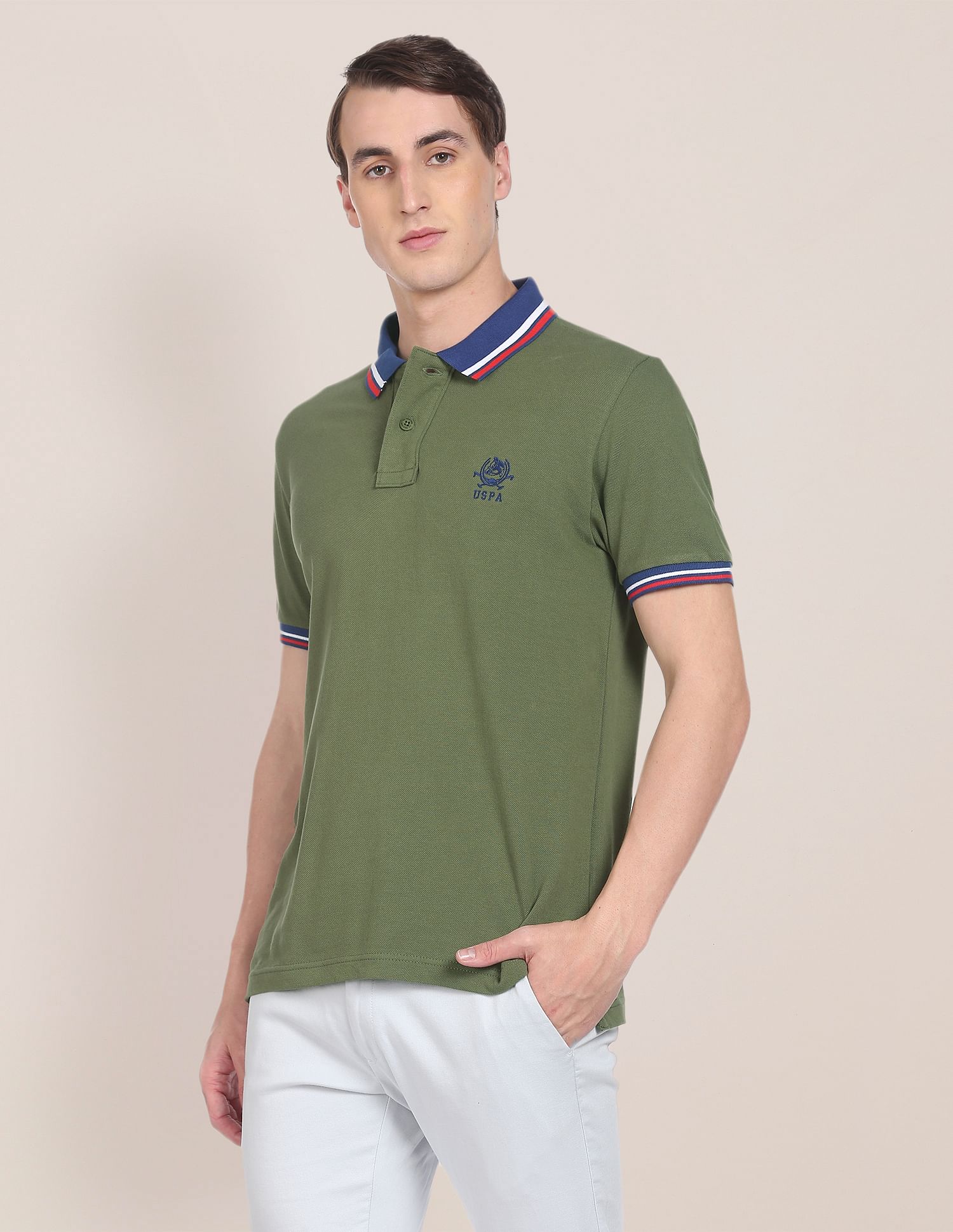 Striped Collar Brand Logo Polo Shirt Olive - U.S. Polo Assn. India | Large