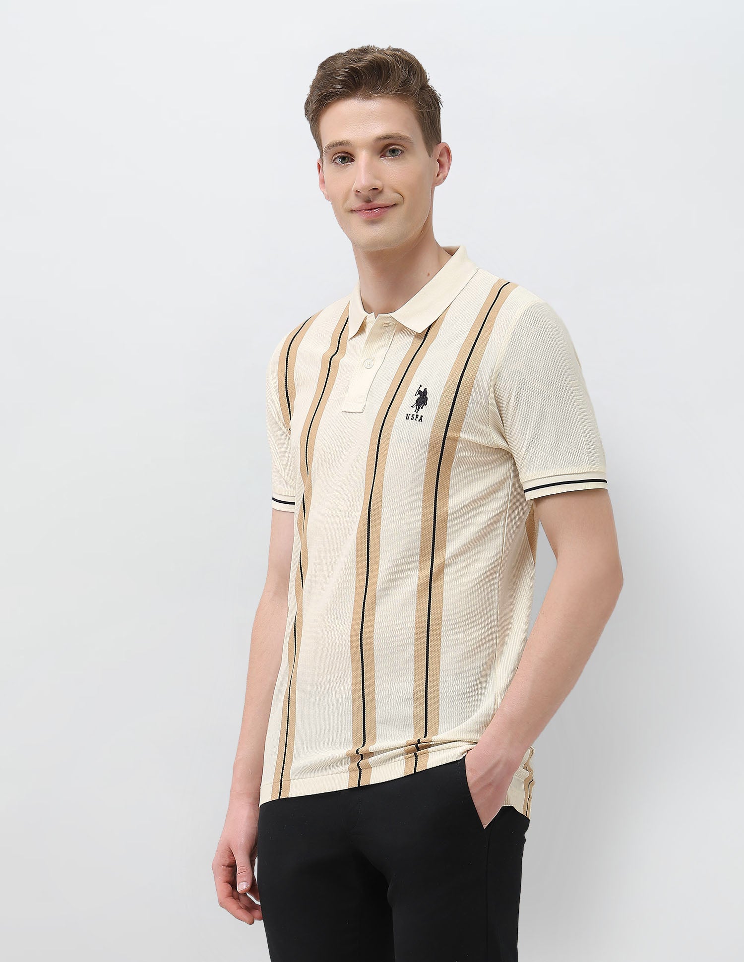 Vertical Striped Sotogrande Slim Fit Polo Shirt Beige - U.S. Polo Assn. India | Large
