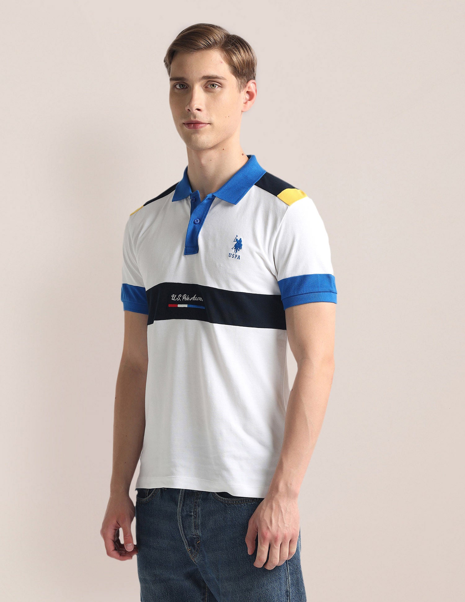 Colour Block Pique Polo Shirt White - U.S. Polo Assn. India | Large