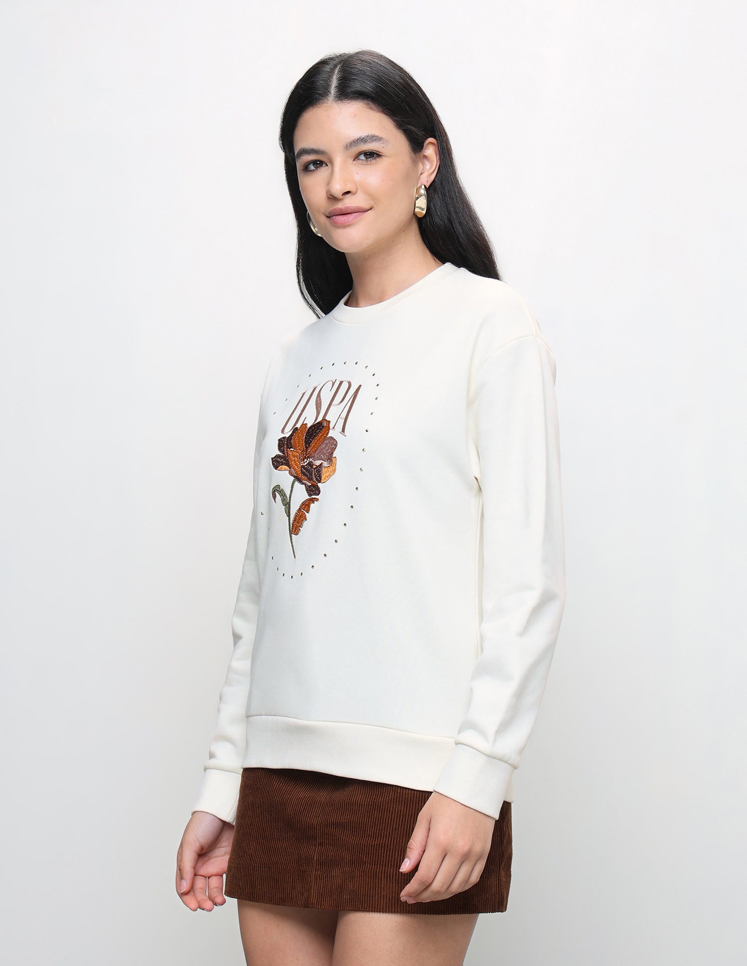 Brand Floral Embroidered Relaxed Fit Sweatshirt Off White - U.S. Polo Assn. India | Large